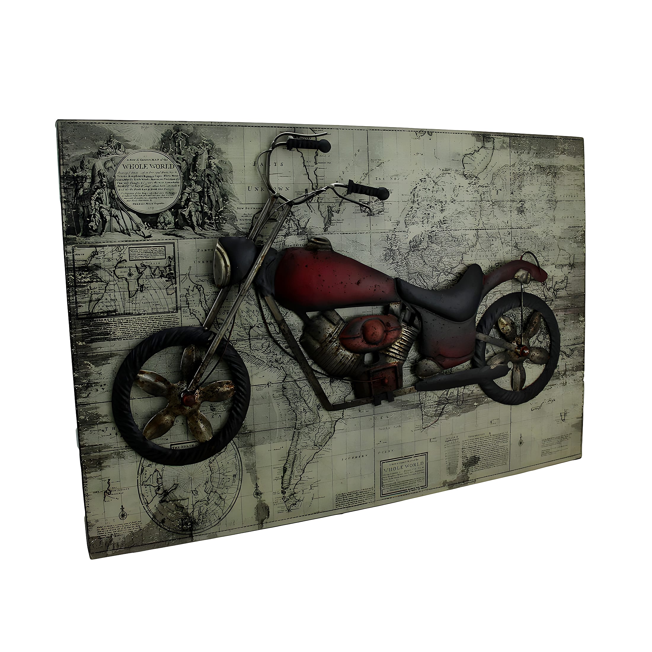 Zeckos - World of Adventure Vintage V-Twin Motorcycle Sculpture On Wood Map Wall Hanging - Red