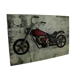 Zeckos - World of Adventure Vintage V-Twin Motorcycle Sculpture On Wood Map Wall Hanging - Red