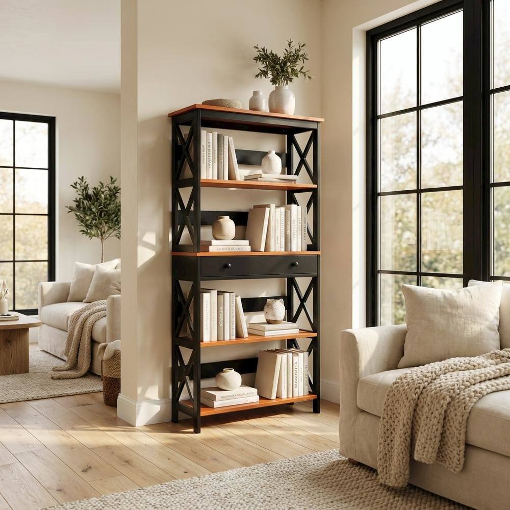 Back. FurniFact - Wooden 5-Tier Bookcase - Storage Drawer - Cherry.