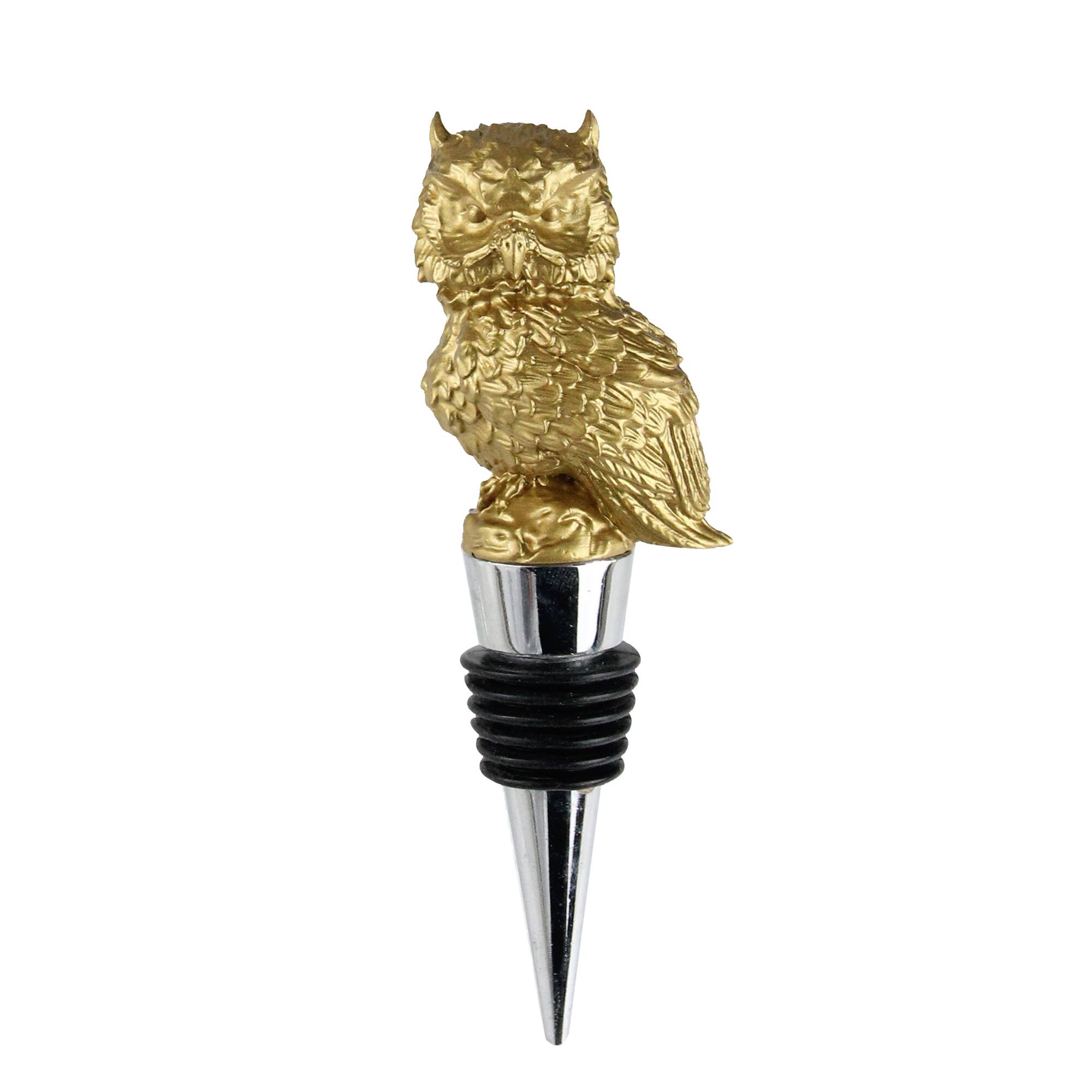 Front. Wild Eye - 4.75" Woodland Handcrafted Gold Owl Stainless Steel Wine Bottle Stopper - Silver.