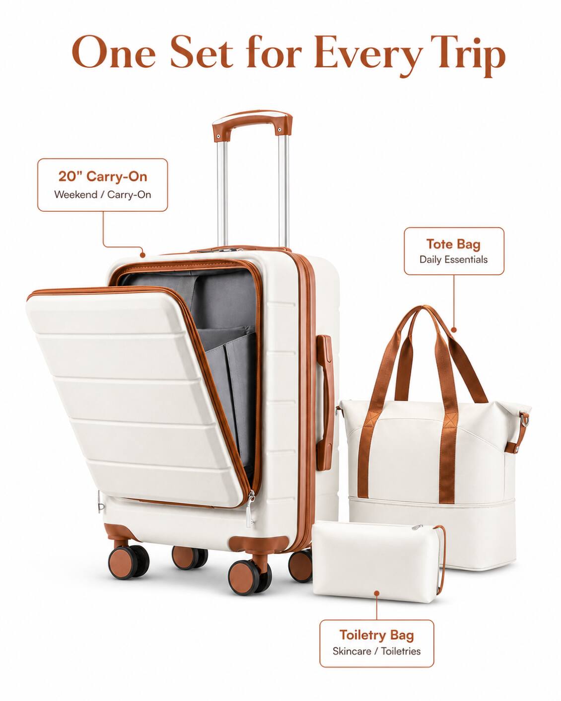 One Set for Every Trip

20" Carry-On Weekend / Carry-On

Tote Bag Daily Essentials

Toiletry Bag Skincare / Toiletries