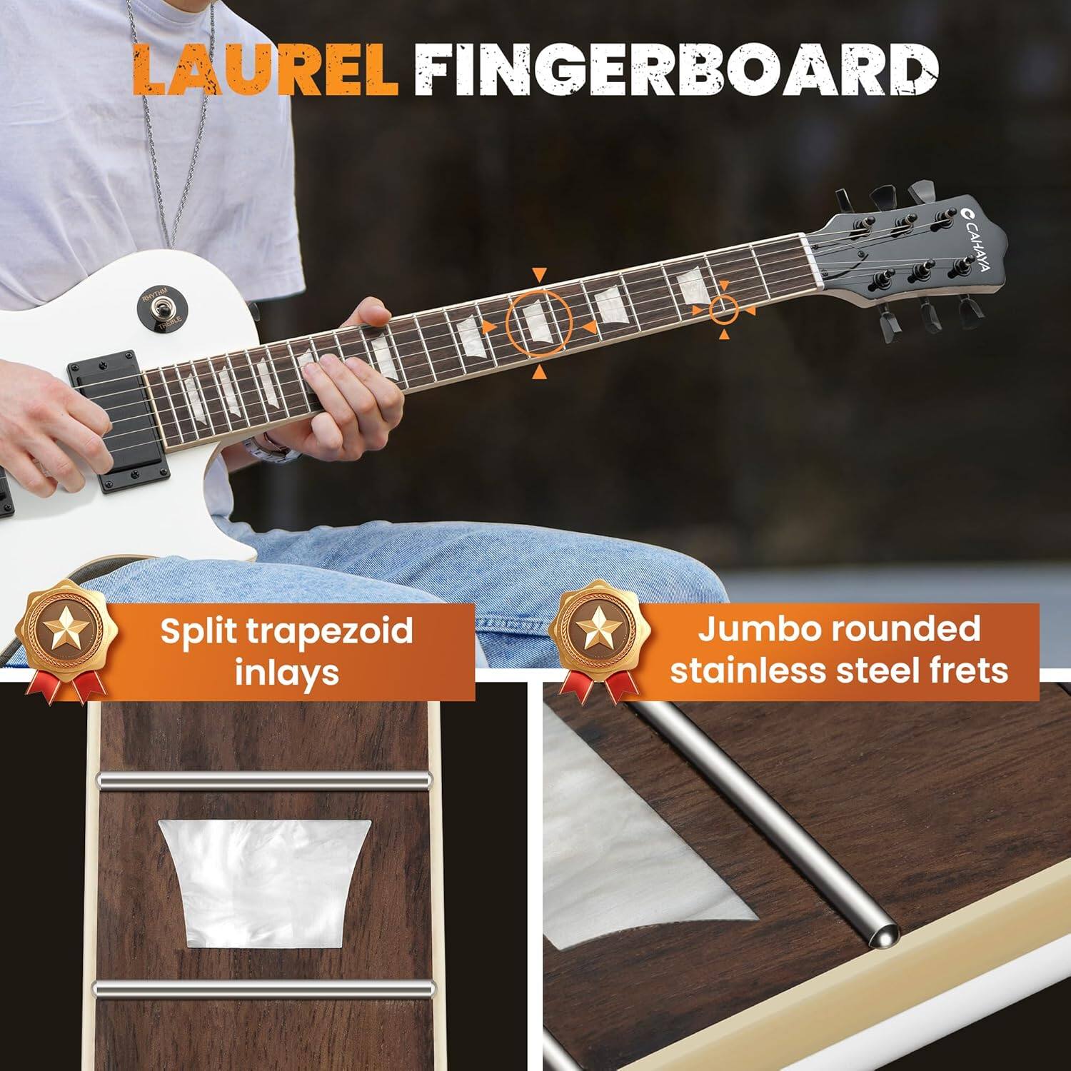 LAUREL FINGERBOARD

- Split trapezoid inlays
- Jumbo rounded stainless steel frets