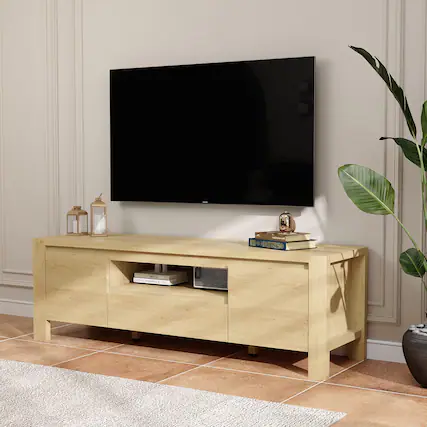 Front. Qeetex - 55" Farmhouse TV Stand for 60" TVs, Entertainment Center with Doors, Adjustable Shelves & Storage Cabinet - Natural.