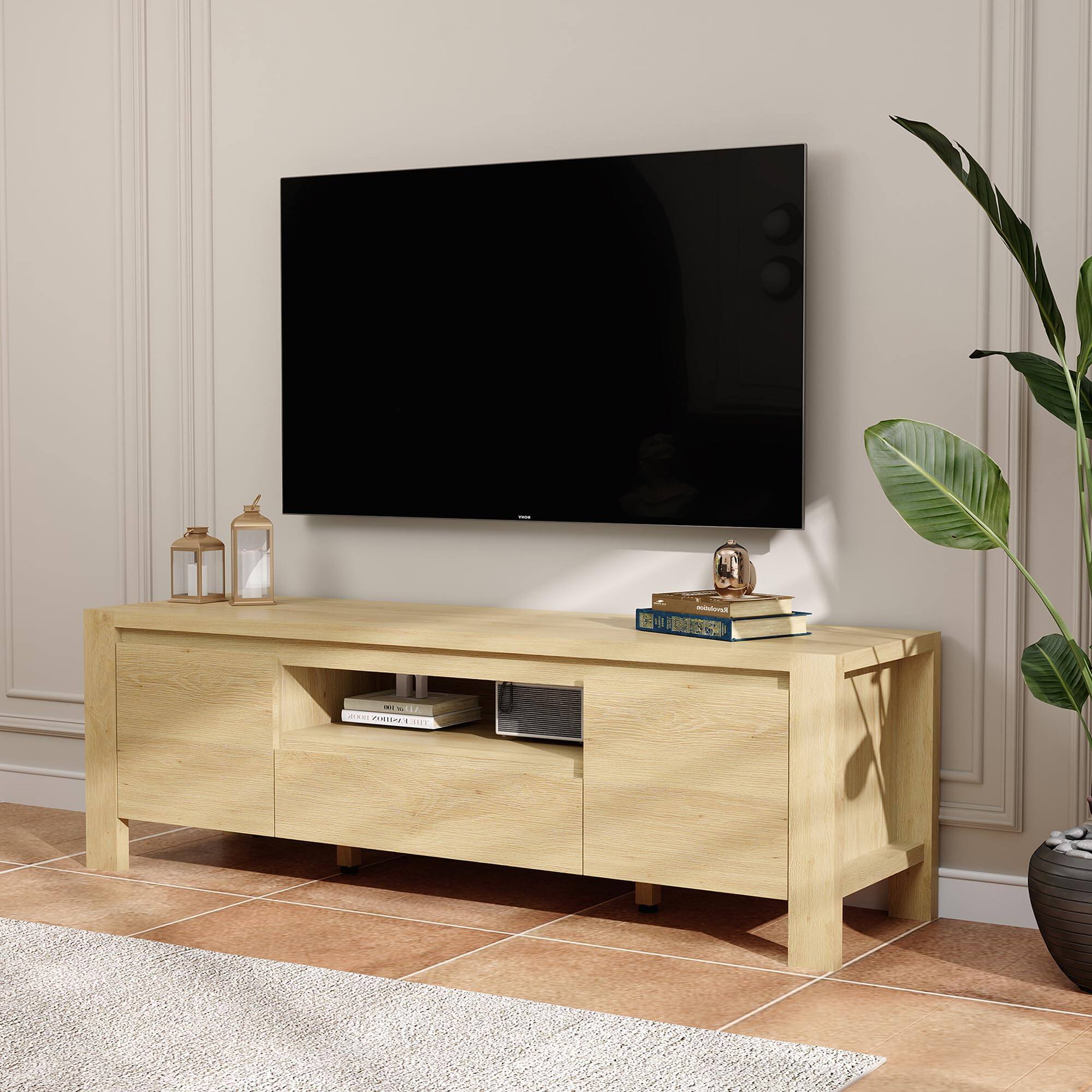 Front. Qeetex - 55" Farmhouse TV Stand for 60" TVs, Entertainment Center with Doors, Adjustable Shelves & Storage Cabinet - Natural.