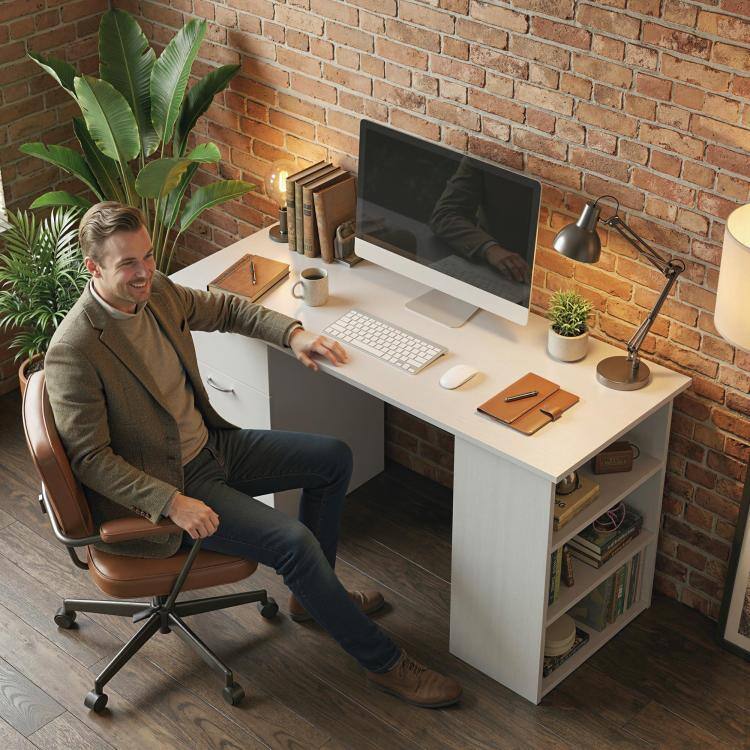 Alt View 9. PULUZ - 47 inch Modern Home Office Computer Desk Bookcase Combo Writing Table Workstation with 3 Drawer and Storage Shelf - White.