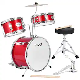 VEVOR - Kids Drum Set, 3-Piece 14 in Junior Drum Sets, Beginner Drums Set with Adjustable Throne, Cymbal - Red