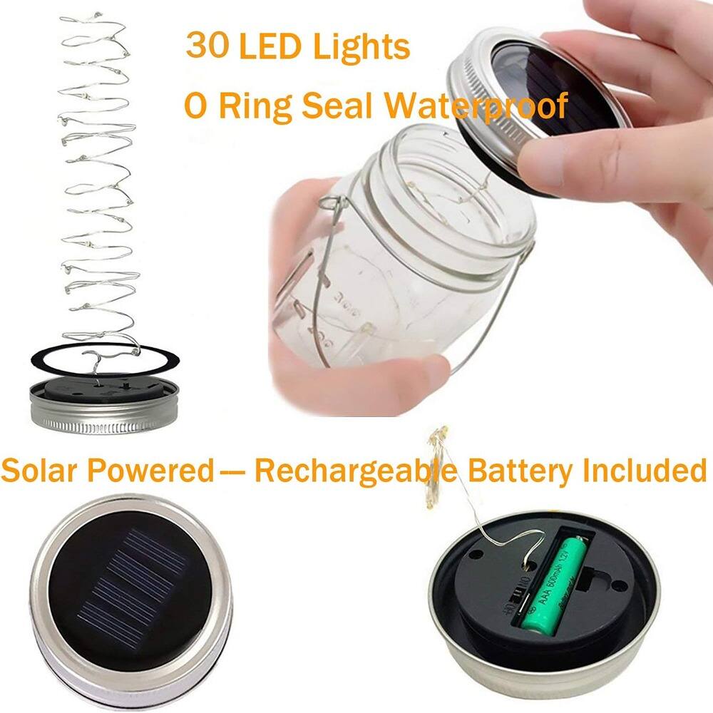 30 LED Lights  
O Ring Seal Waterproof  
Solar Powered — Rechargeable Battery Included