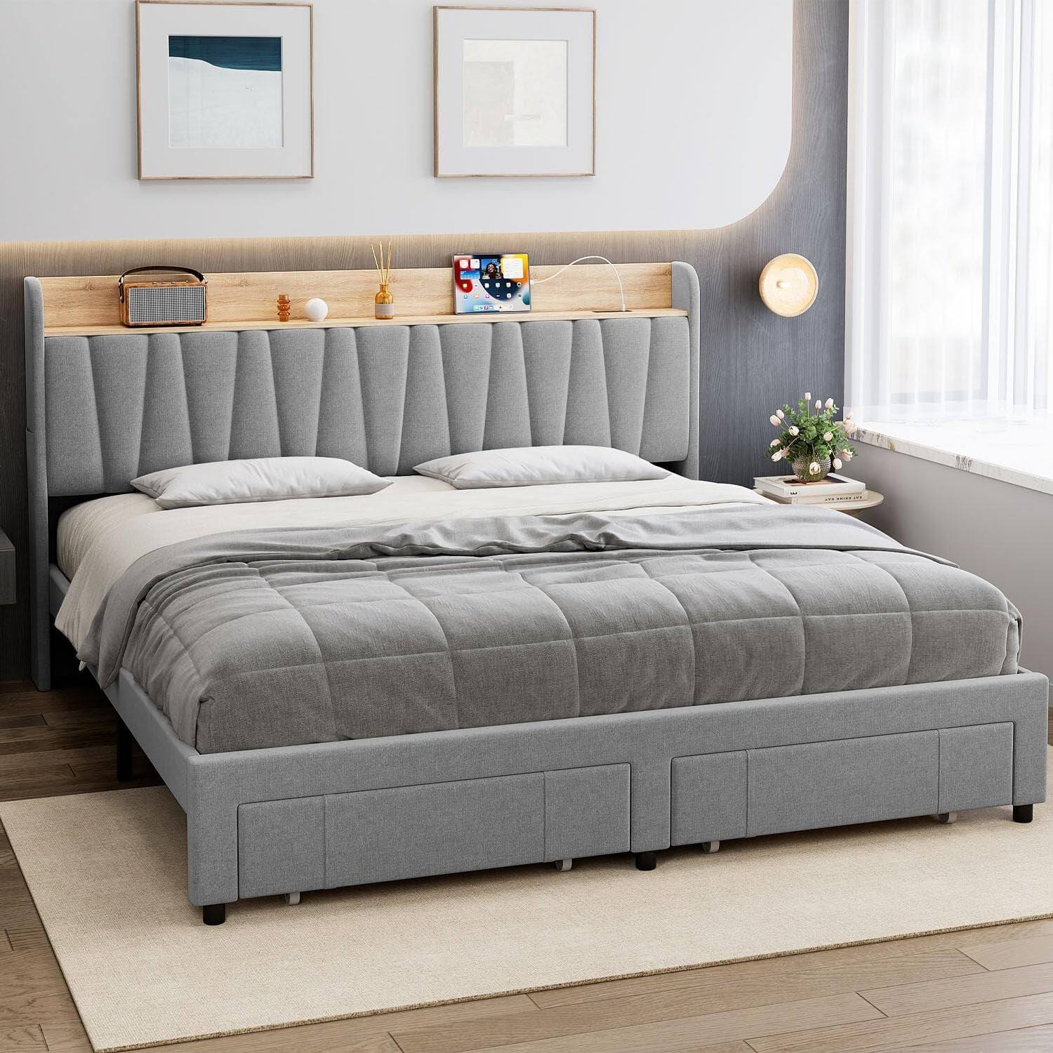 Back. GARVEE - King Size Bed Frame Light Grey Storage Headboard Platform Drawers Charging Station Easy Assembly - Light Gray King.