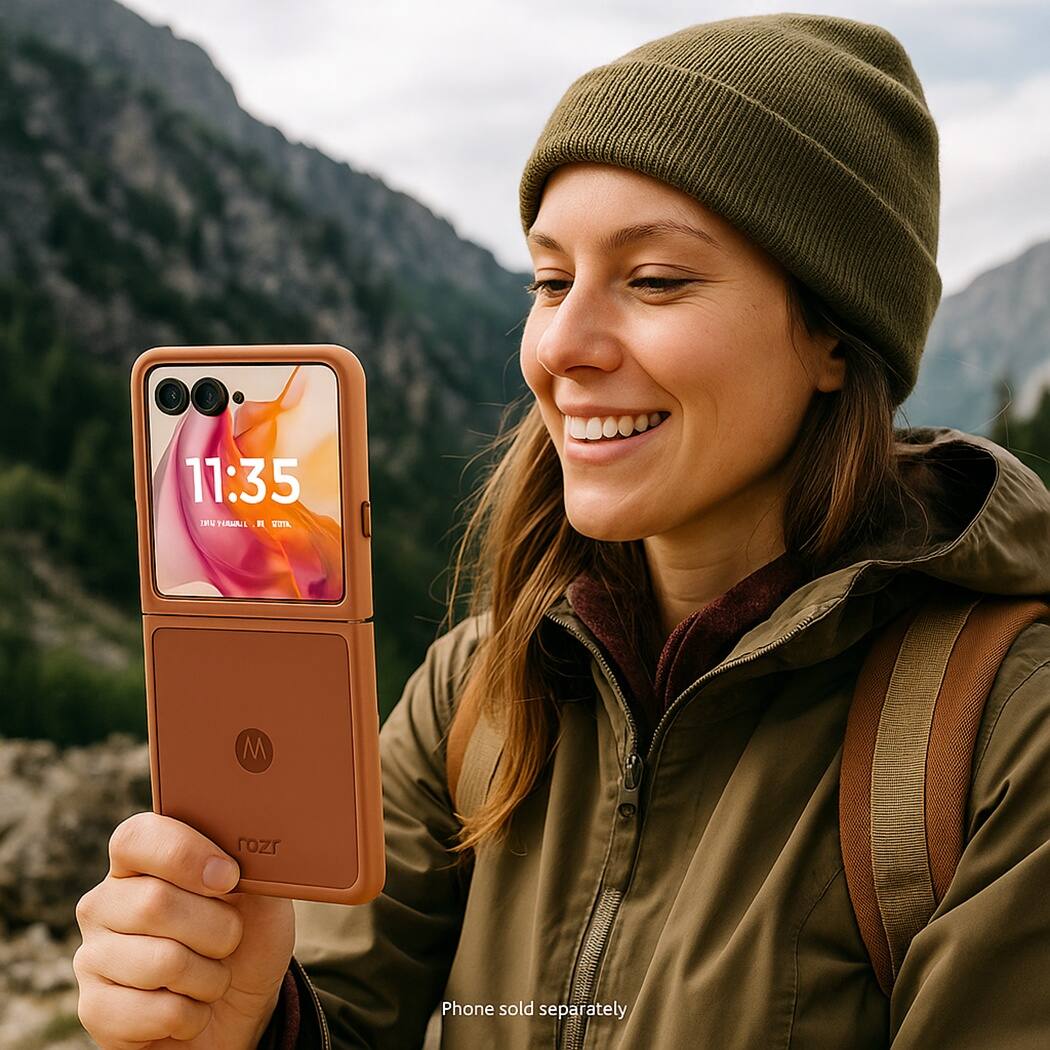 The text on the image reads: "11:35 ma TRA - VPL M rozr Phone sold separately."