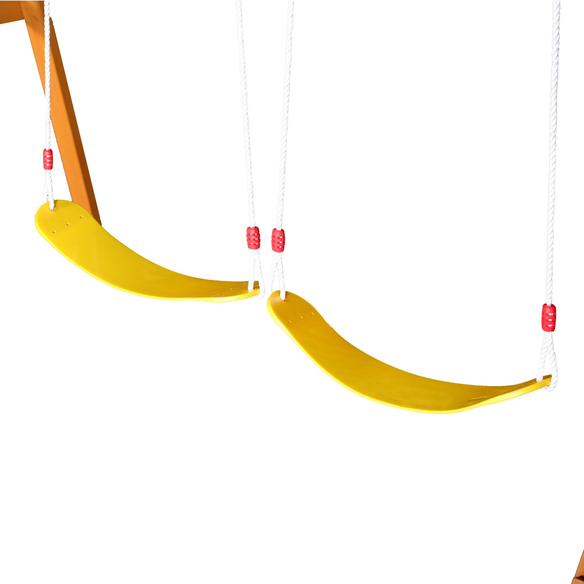 Left. ELEMENT ACE - Outdoor Wooden Swing Set with Slide, Swings, and Climbing Wall for Backyard and Garden Play.