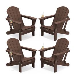SERWALL - Folding Adirondack Chair Set of 4, All Weather HIPS Patio Chairs with Cup Holder for Fire Pit - Coffee
