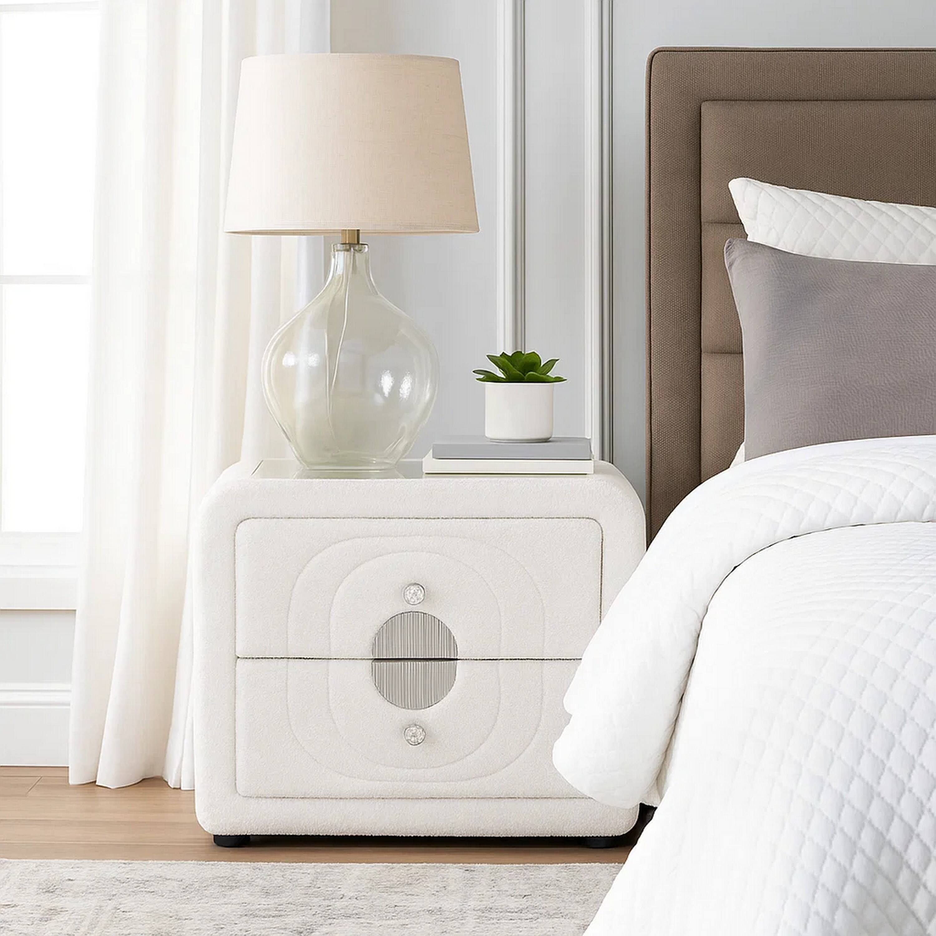 Alt View 2. Manhattan Lane - Kery Glass Top Nightstand, 2 Drawers, Teddy Sherpa Upholstery - White, Chrome, Black.