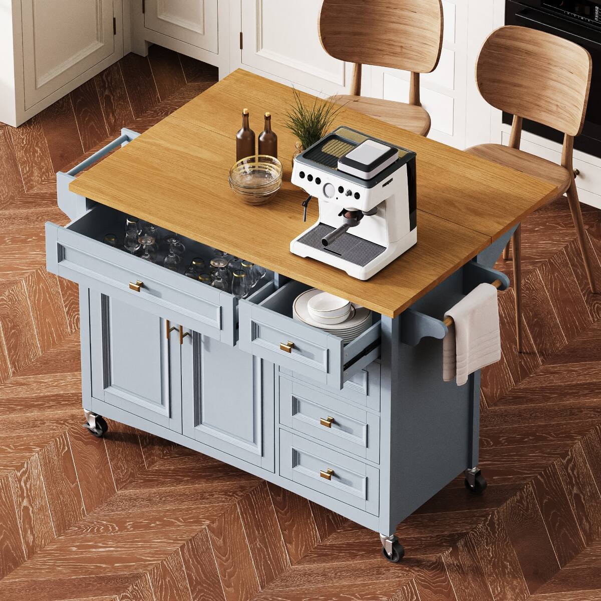 Loheer 52 inch kitchen island with drop leaf, kitchen storage cart, 5 ...