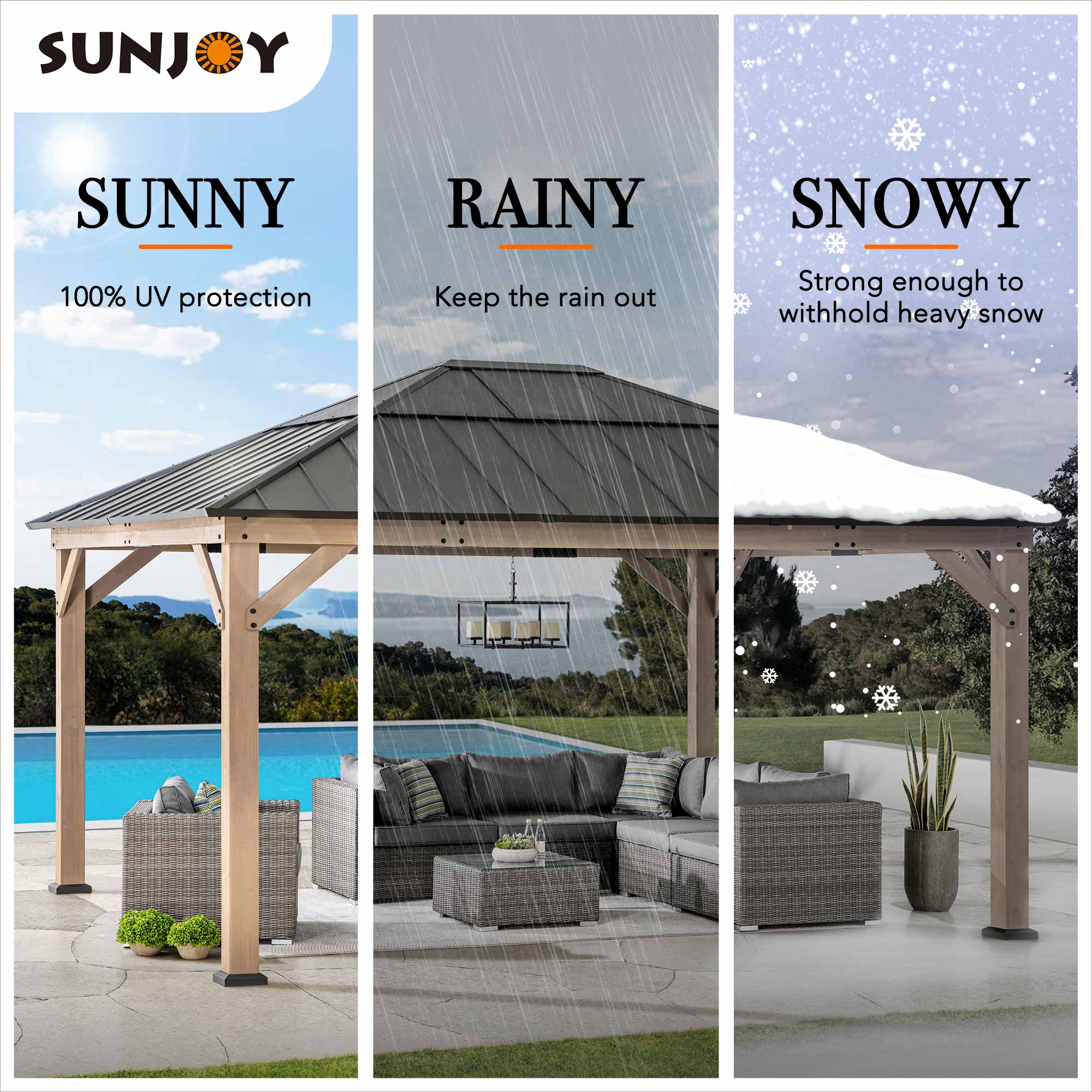 SUNJOY

SUNNY
100% UV protection

RAINY
Keep the rain out

SNOWY
Strong enough to withhold heavy snow