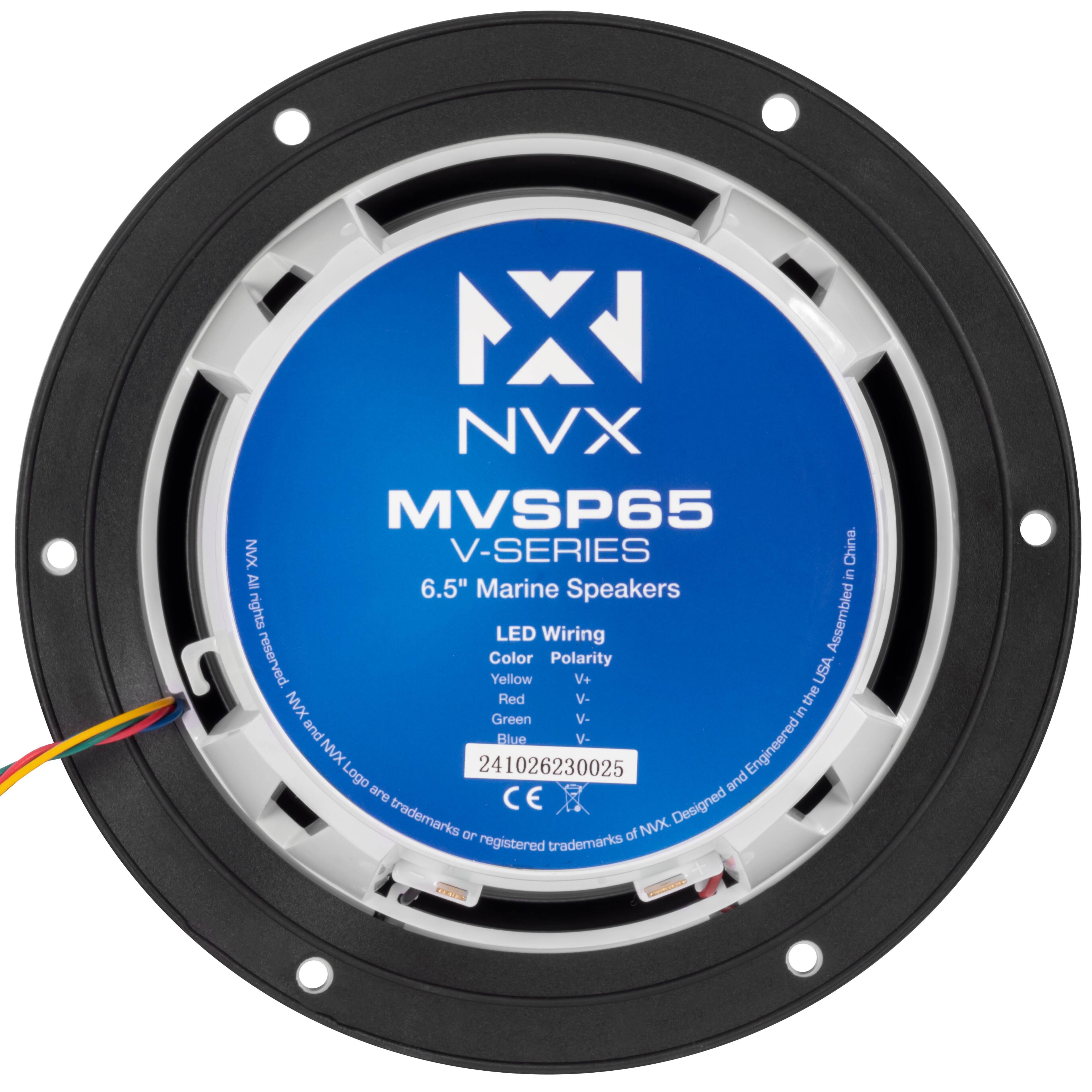 MX NVX MVSP65 NVX V-SERIES 6.5" Marine Speakers  
LED Wiring  
Color: Yellow V+  
Polarity: Red V-  
Green V-  
Blue V-  
NVX Logo: 241026230025  
Engineered and Assembled in the USA  
CE  
NVX trademarks or registered trademarks of NVX. Designed and Engineered in the USA.