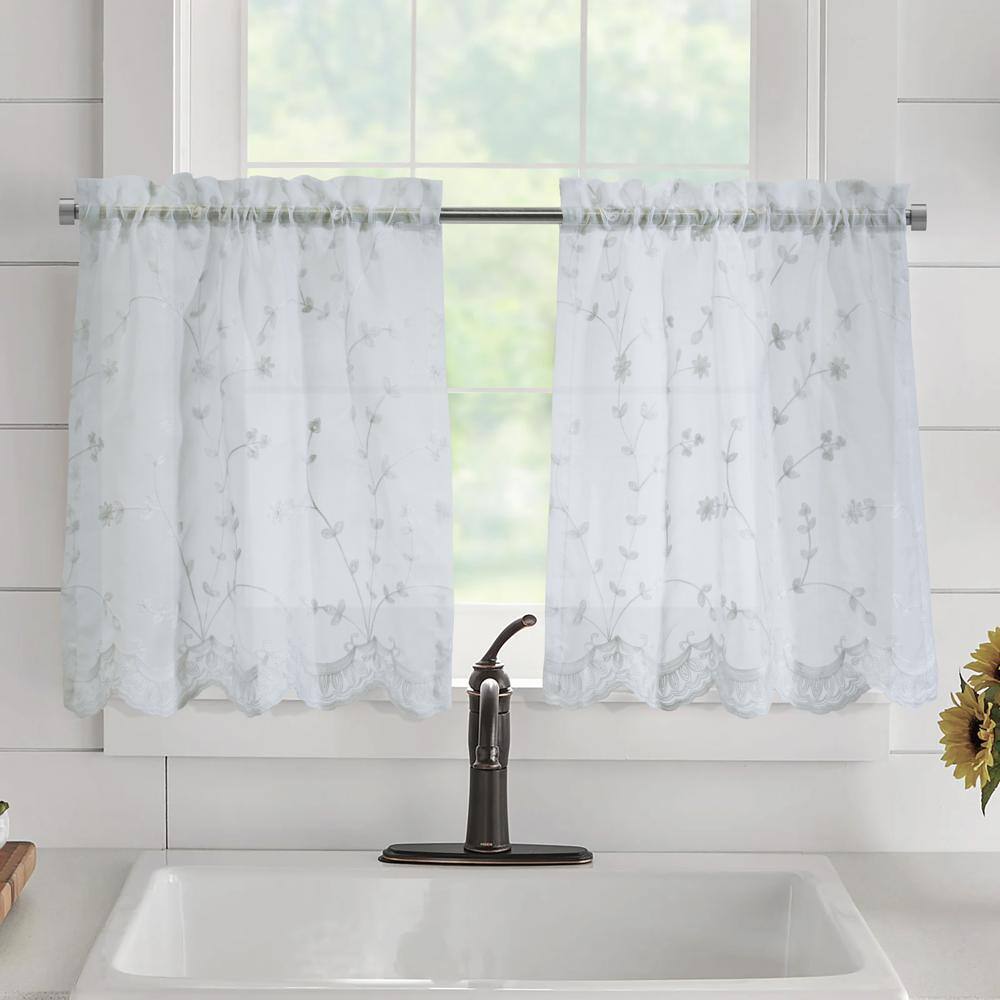 Angle. Commonwealth Home Fashions - Habitat Grandeur Sheer Floral Motif and Scalloped Bottom Hem Pole Top Curtain Tiers 52" x 24" White - White.