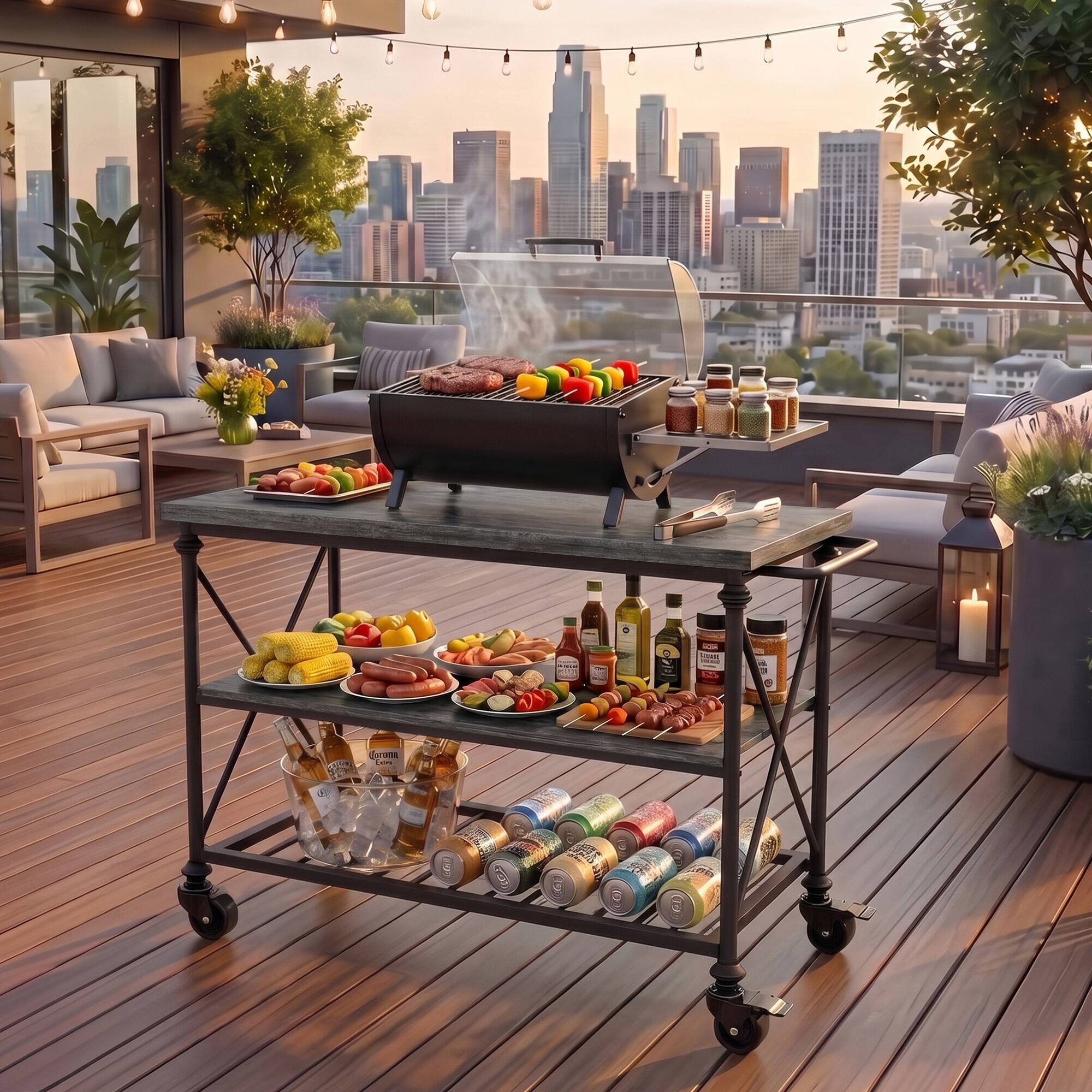 Left. Aheaplus - 3-Tier Wood & Metal Rolling Kitchen Cart with Pipe-Leg Design, Lockable Wheels & Storage Shelves for Kitchen & Dining - Gray Oak.