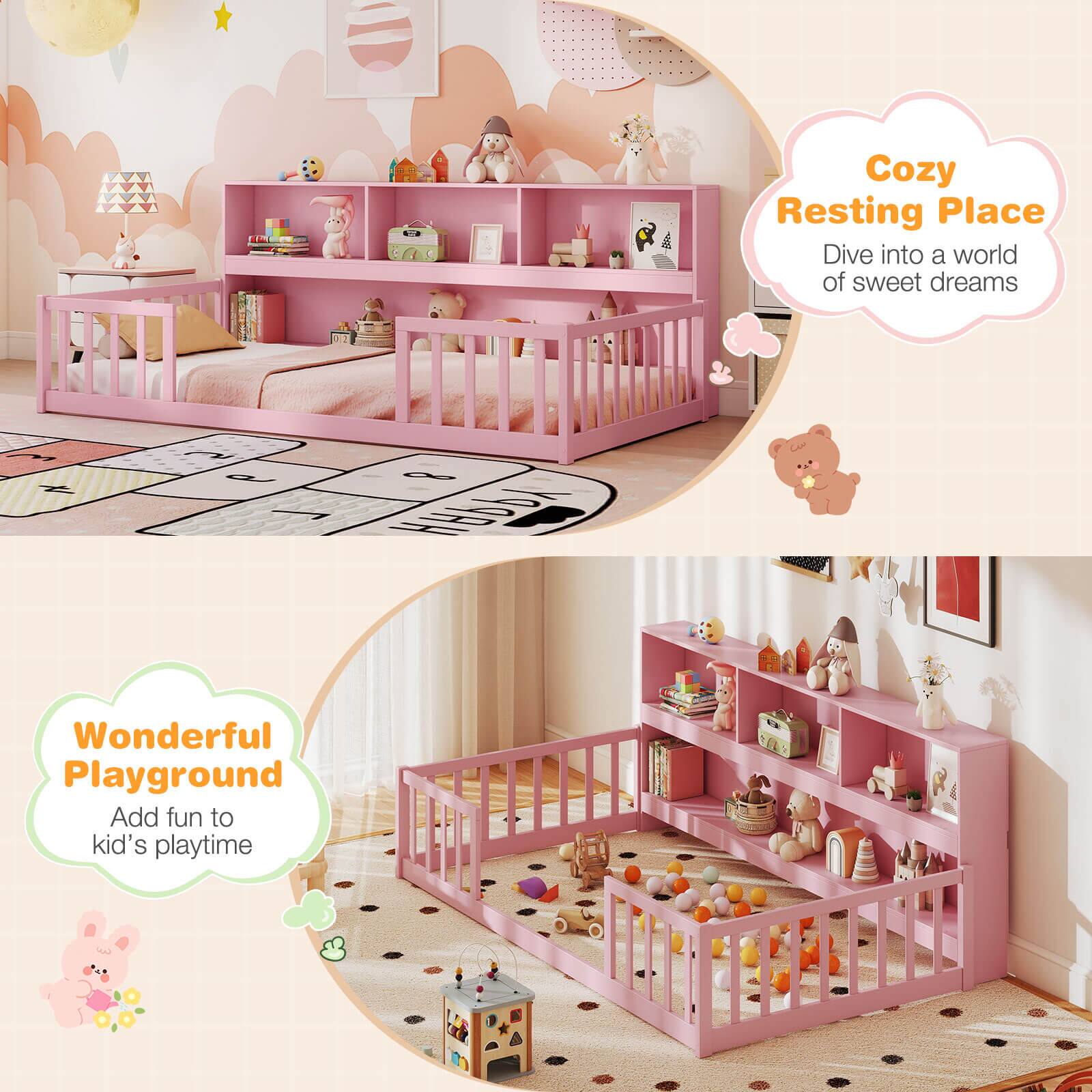 Alt View 9. Costway - Costway Twin Size Montessori Floor Bed with Bookcase Storage Shelves & Safety Fence Rails - Pink.