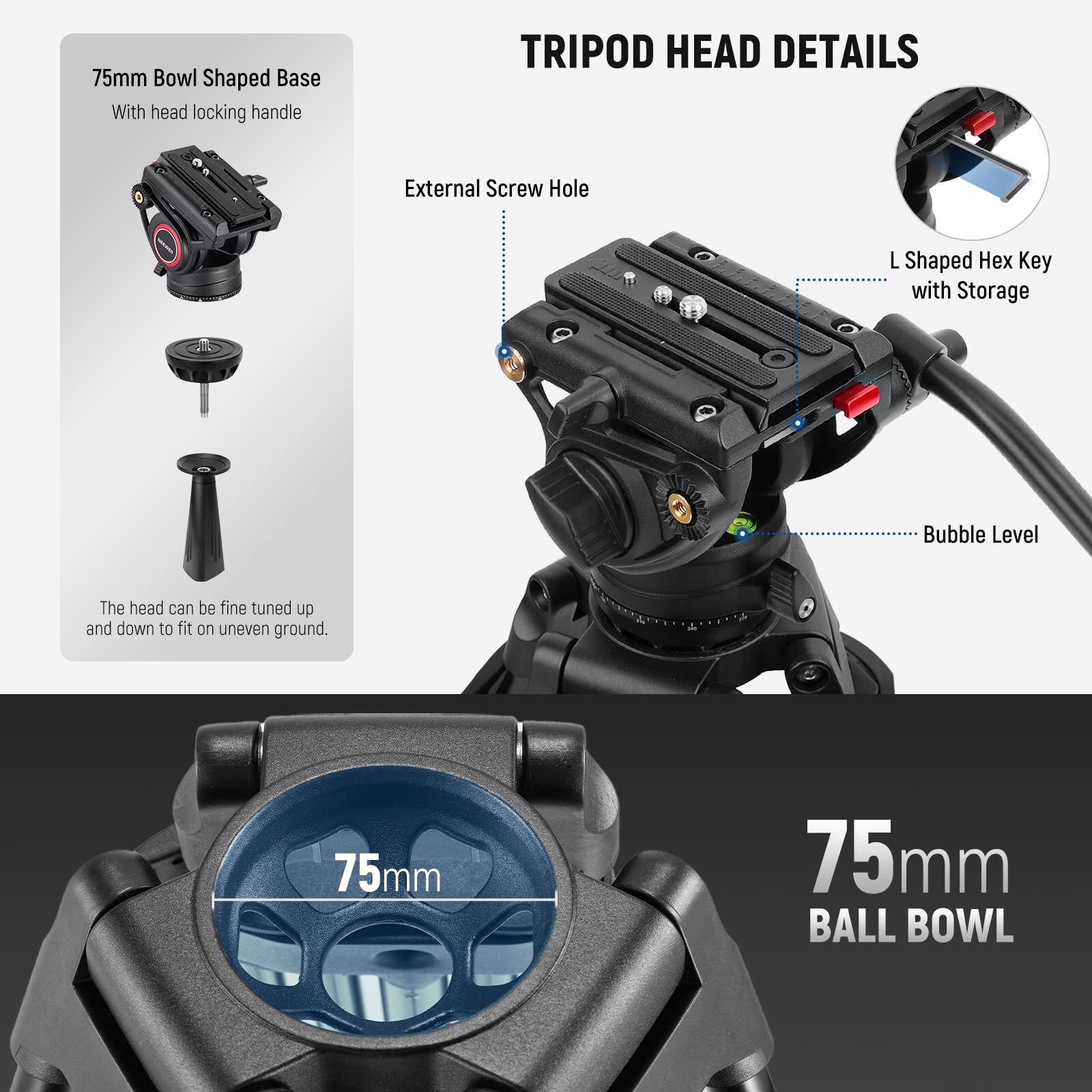 75mm Bowl Shaped Base With head locking handle

TRIPOD HEAD DETAILS
- External Screw Hole
- L Shaped Hex Key with Storage
- Bubble Level

The head can be fine tuned up and down to fit on uneven ground.

75mm BALL BOWL