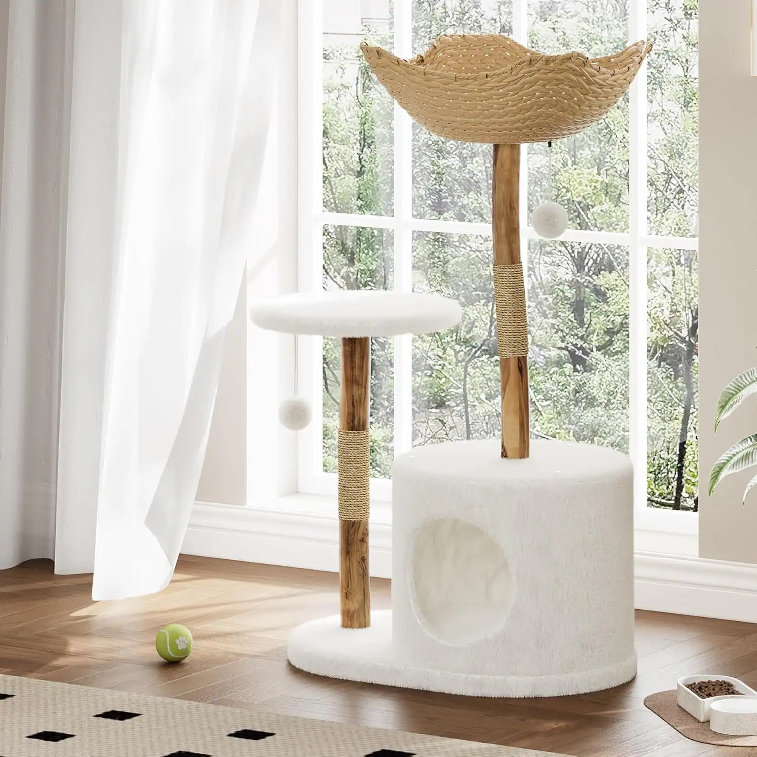 Acekool - Modern Natural Wood Cat Tree, Large Rattan Basket Tower, Scratching Posts, Branch Design, White Plush Perch, White