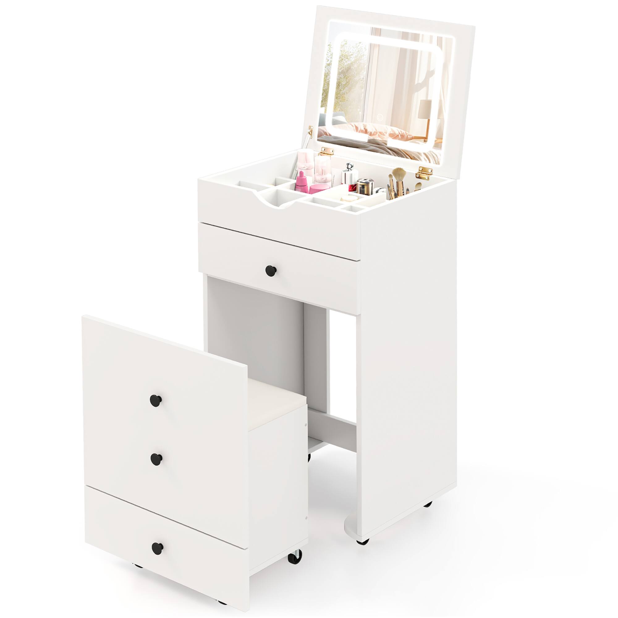 Front. Gymax - Gymax Vanity Table Set Adjustable Flip-up LED Mirror Large Storage Movable Casters - White.
