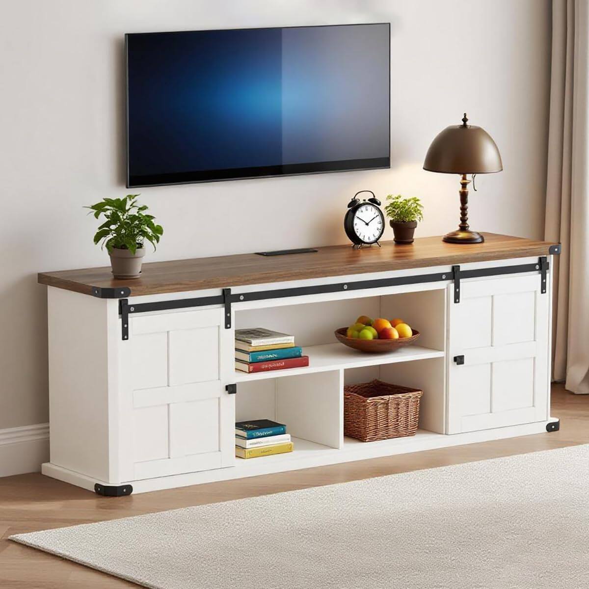 Acekool - 70" Farmhouse TV Stand for 80/75/70 Inch TVs,Entertainment Center Storage Cabinets w/Power Outlets and Sliding Barn Door - Brown