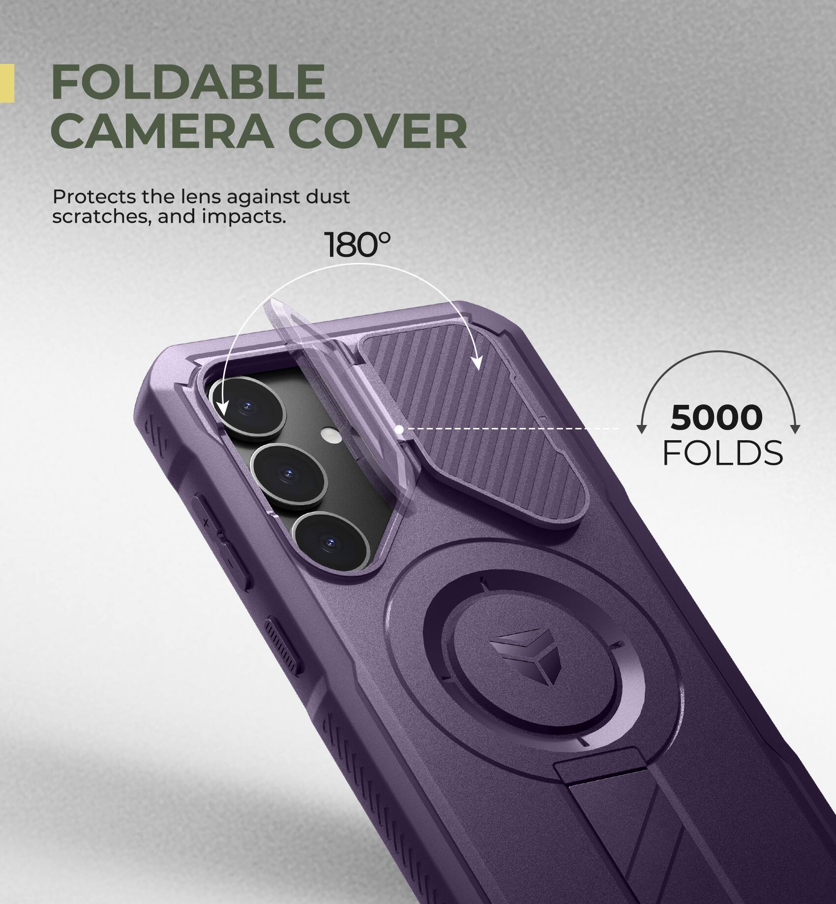 FOLDABLE CAMERA COVER Protects the lens against dust scratches, and impacts. 180° 5000 FOLDS