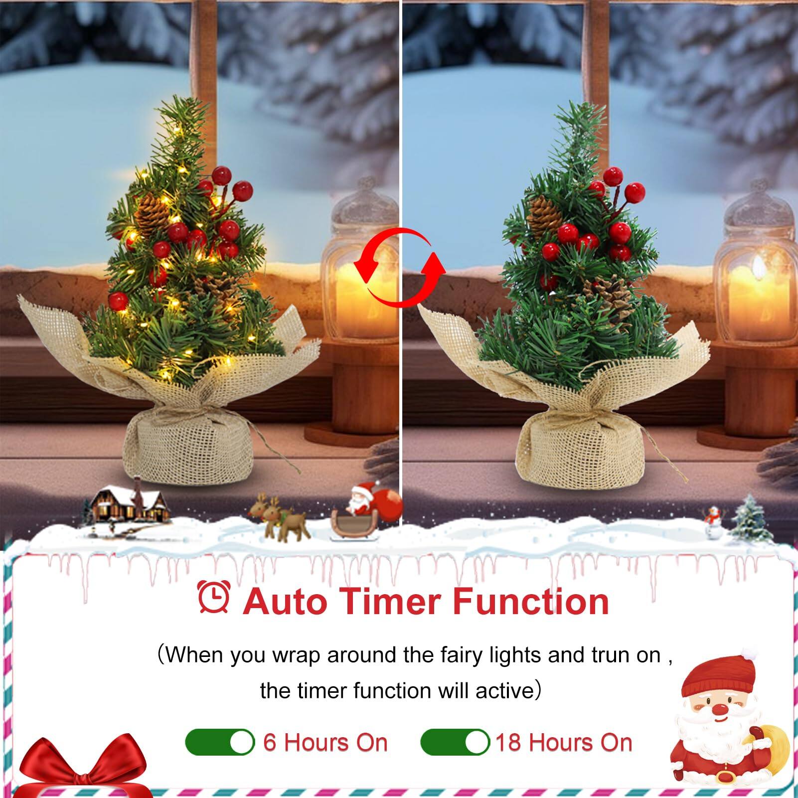 Auto Timer Function  
(When you wrap around the fairy lights and turn on, the timer function will activate)  

6 Hours On  
18 Hours On