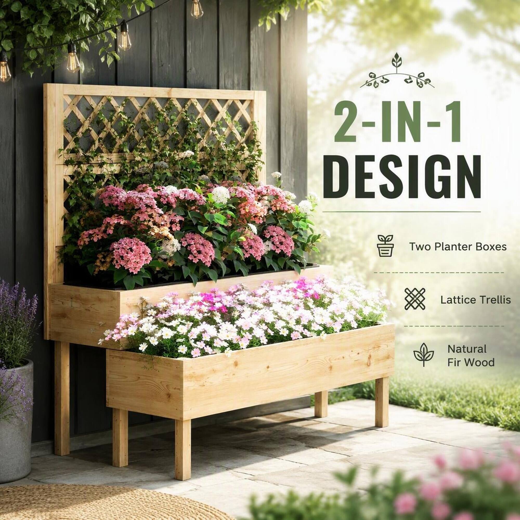 2-IN-1 DESIGN  
Two Planter Boxes  
Lattice Trellis  
Natural Fir Wood