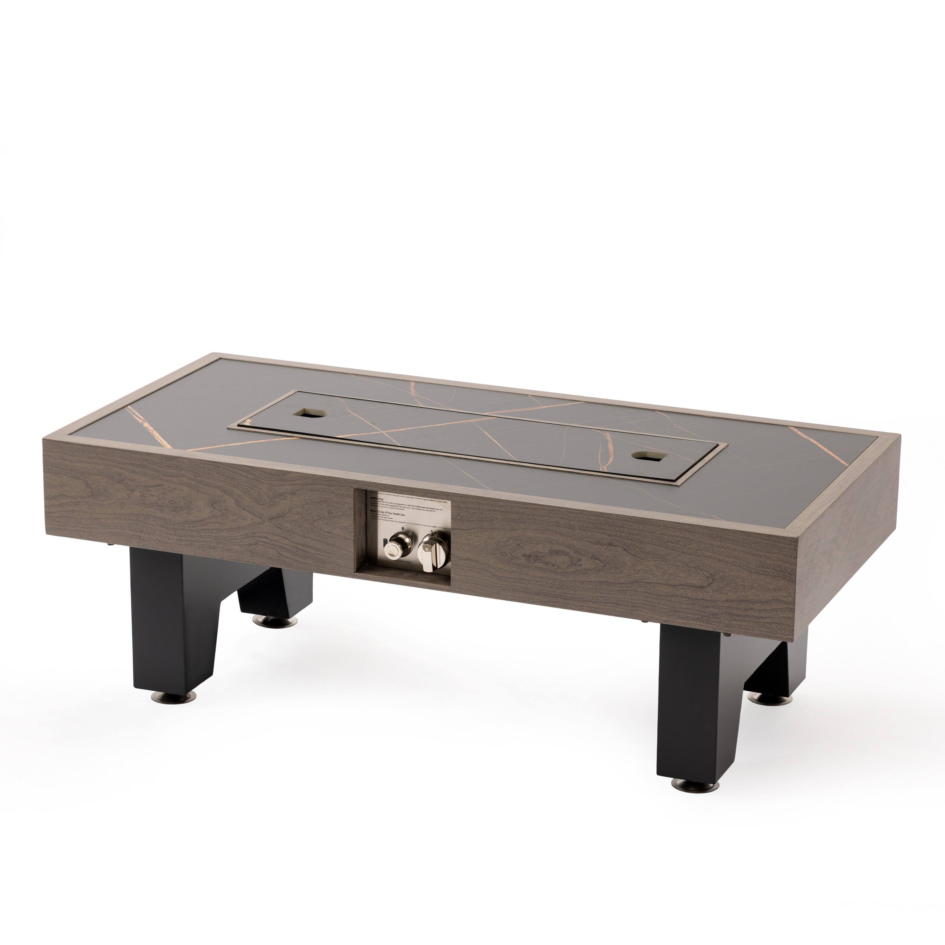 Angle. PexFix - 42" Propane Fire Pit Table, 50,000 BTU Outdoor Heater with Wood Finish & Cover for Patio & Backyard - Grey.