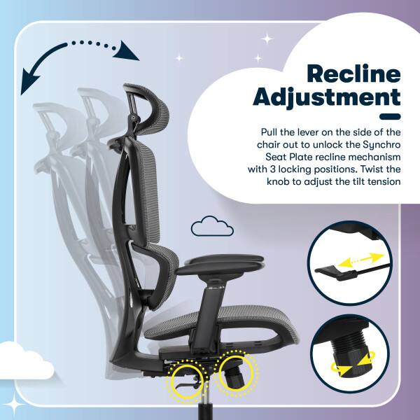 Recline Adjustment

Pull the lever on the side of the chair out to unlock the Synchro Seat Plate recline mechanism with 3 locking positions. Twist the knob to adjust the tilt tension.