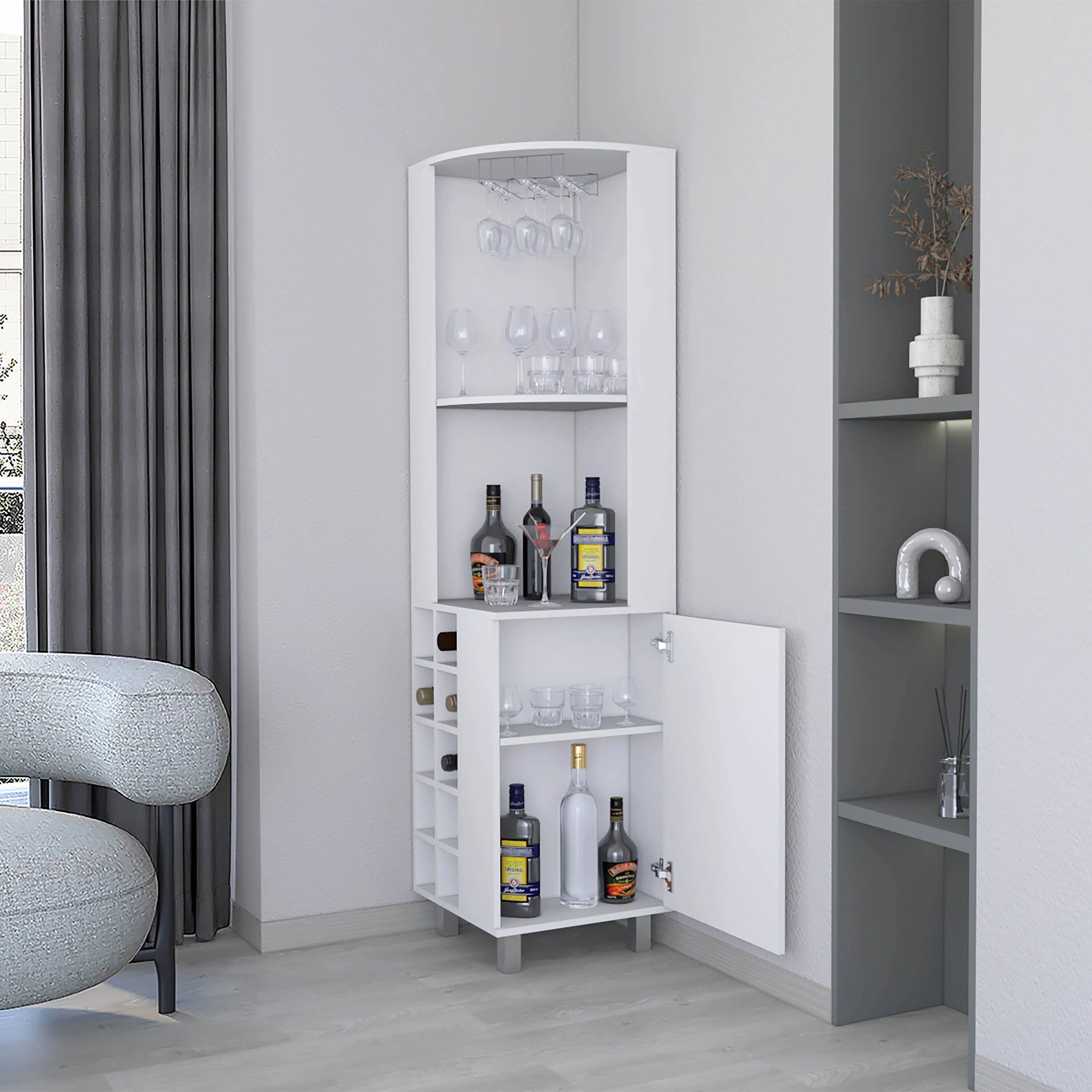 Angle. TinyHomie - White Corner Bar Cabinet with Glass Holder and Wine Rack.