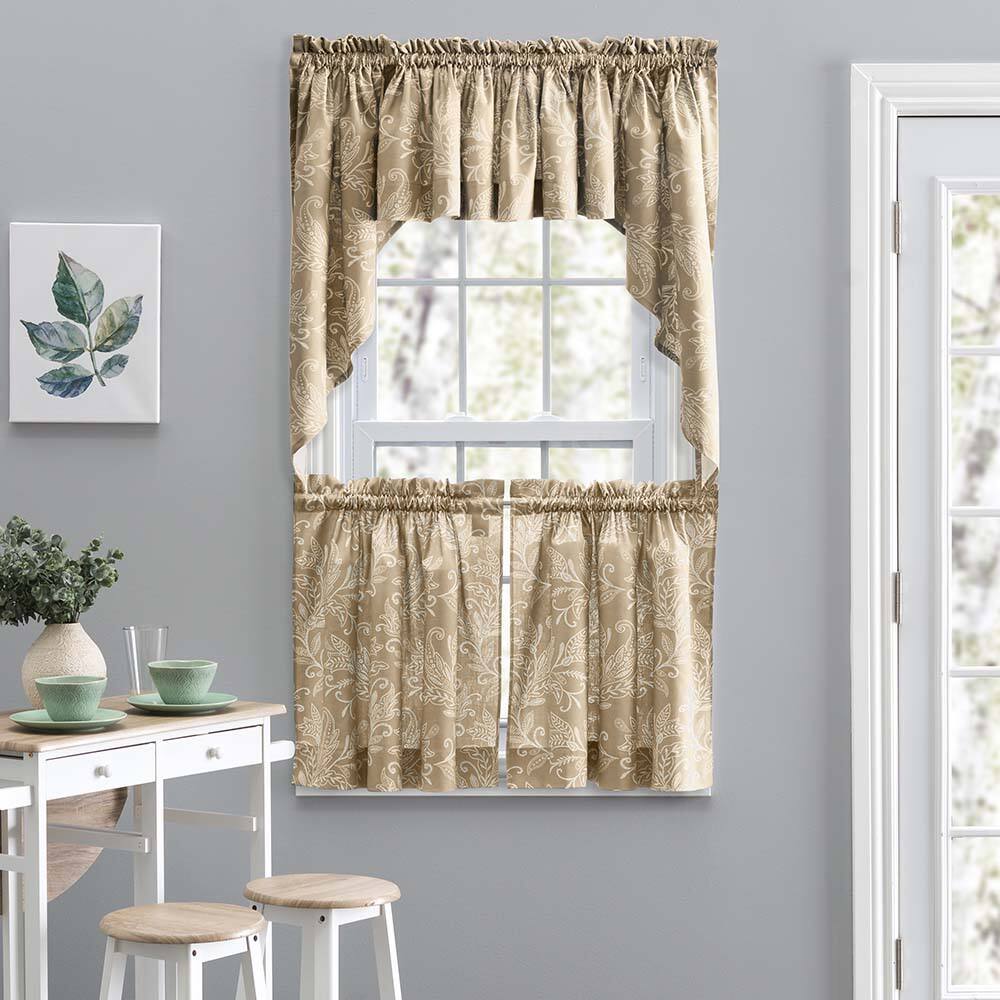 Left. Ellis Curtain - Ellis Curtain Lexington Leaf Pattern on Colored Ground Curtain Tiers 56"x24" Tan - Tan.