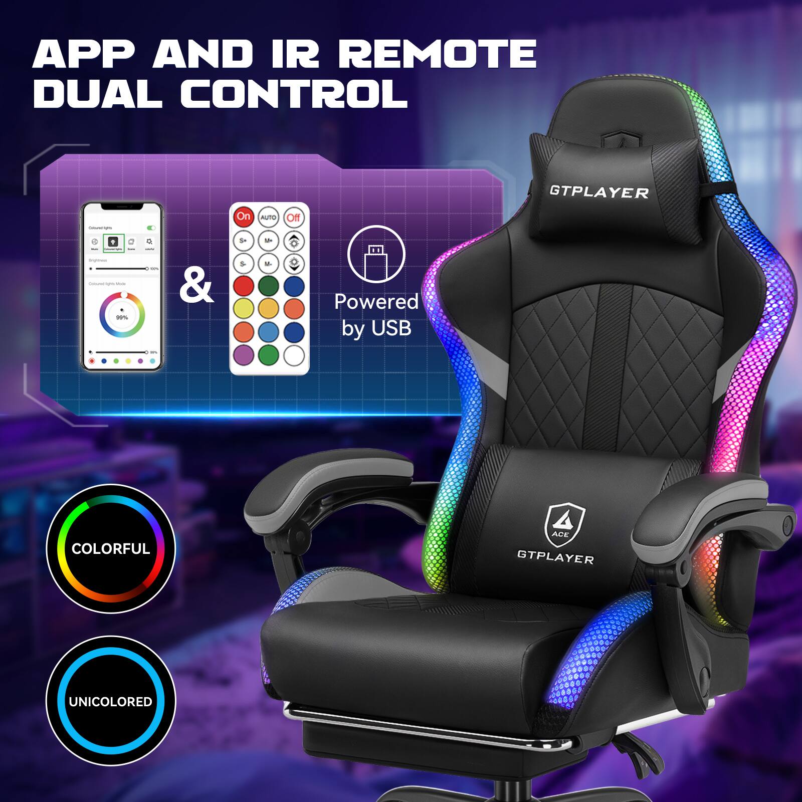 APP AND IR REMOTE DUAL CONTROL

GTPLAYER

Powered by USB

COLORFUL

UNICOLored