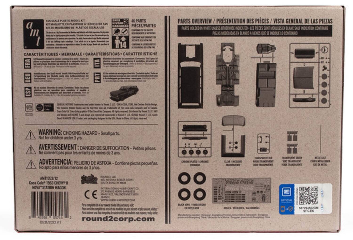 LOS SCALE PLASTIC MODEL KIT  
46 PARTS EN PLASTIQUE À ÉCHELLE DE 1:5  
KIT DE MODELISMO DE PLASTICO ESCALA 1:5  
CARACTERÍSTIQUES - MERKMALE - CARACTERÍSTICAS - CARATTERISTICHE  

PARTS OVERVIEW / PRÉSENTATION DES PIÈCES / VISTA GENERAL DE LAS PIEZAS  
PARTS IN WHITE UNLESS OTHERWISE INDICATED  
LES PIÈCES SONT MOULÉES EN BLANC SAUF INDICATION CONTRAIRE  
PIEZAS MODELADAS EN BLANCO A MENOS QUE SE INDIQUE LO CONTRARIO  

WARNING: CHOKING HAZARD - Small parts. Not for children under 3 yrs.  
AVERTISSEMENT: DANGER DE SUFFOCATION Petites pièces. Ne convient pas pour les enfants de moins de 3 ans.  
ADVERTENCIA: PELIGRO DE ASFIXIA Contiene piezas pequeñas. No apto para niños menores de 3 años.  

Coca-Cola 1963 CHEVY II NOVA STATION WAGON  
AMT135