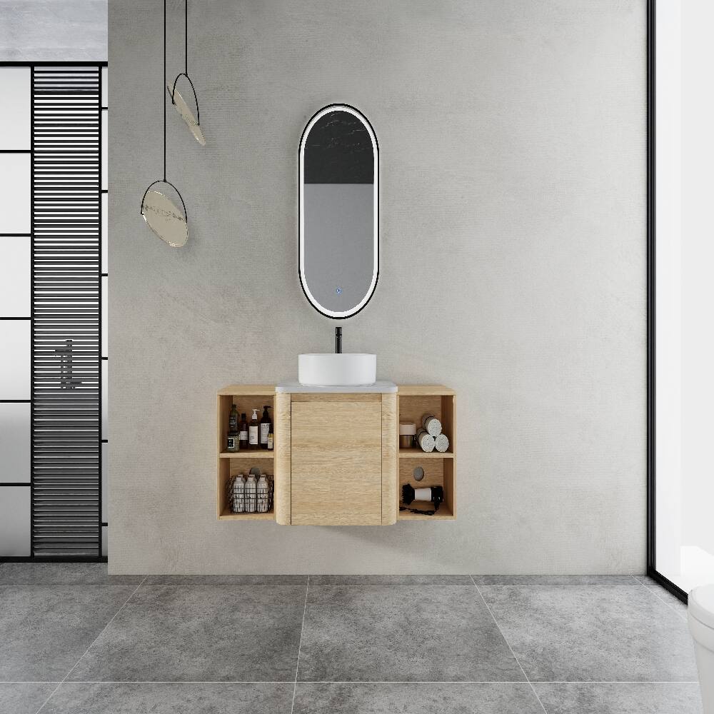 Left. Loheer - Loheer 48 inch wall mounted bathroom vanity with storage shelves, american white oak floating vanity - American White Oak.
