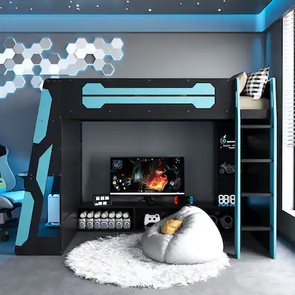 Front. Anysun - Twin Size Wood Loft Bed with Desk, Multi-storage Shelves and RGB Light - Blue.