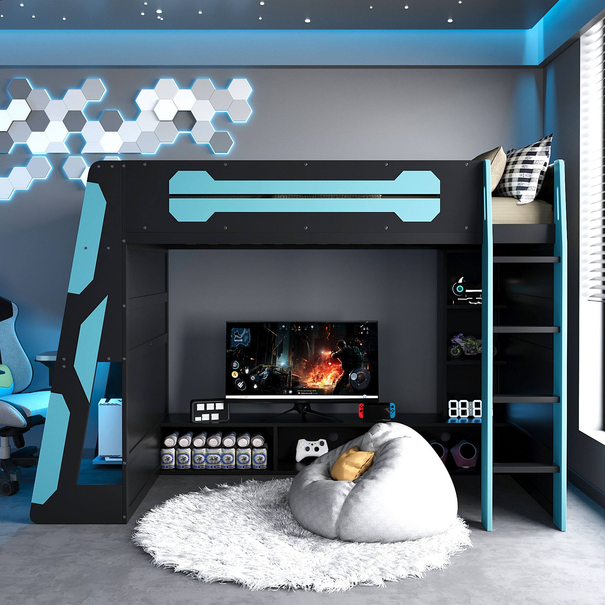 Front. Anysun - Twin Size Wood Loft Bed with Desk, Multi-storage Shelves and RGB Light - Blue.