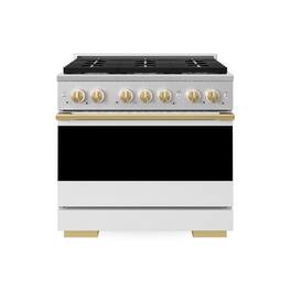 ZLINE - Autograph 36 in. 5.2 cu. ft. Marino Dual Fuel Freestanding Range with 6 Gas Burner Cooktop with White & Gold Accents - White Matte