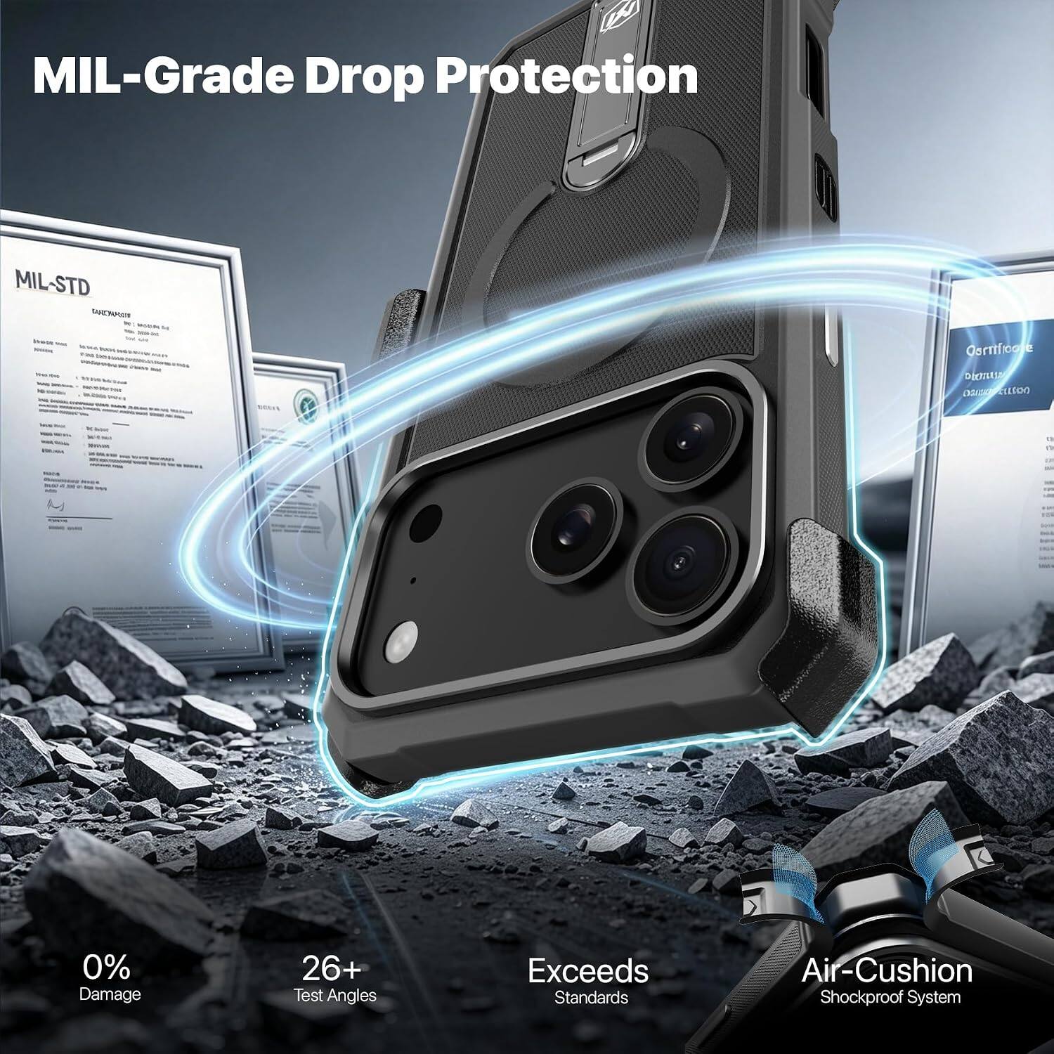 MIL-Grade Drop Protection  
MIL-STD  
VISIA - to  
"Hot -  
Osrmboone HOTTLE perception  

0  
Reply -  

0% Damage  
26+ Test Angles  
Exceeds Standards  
Air-Cushion Shockproof System