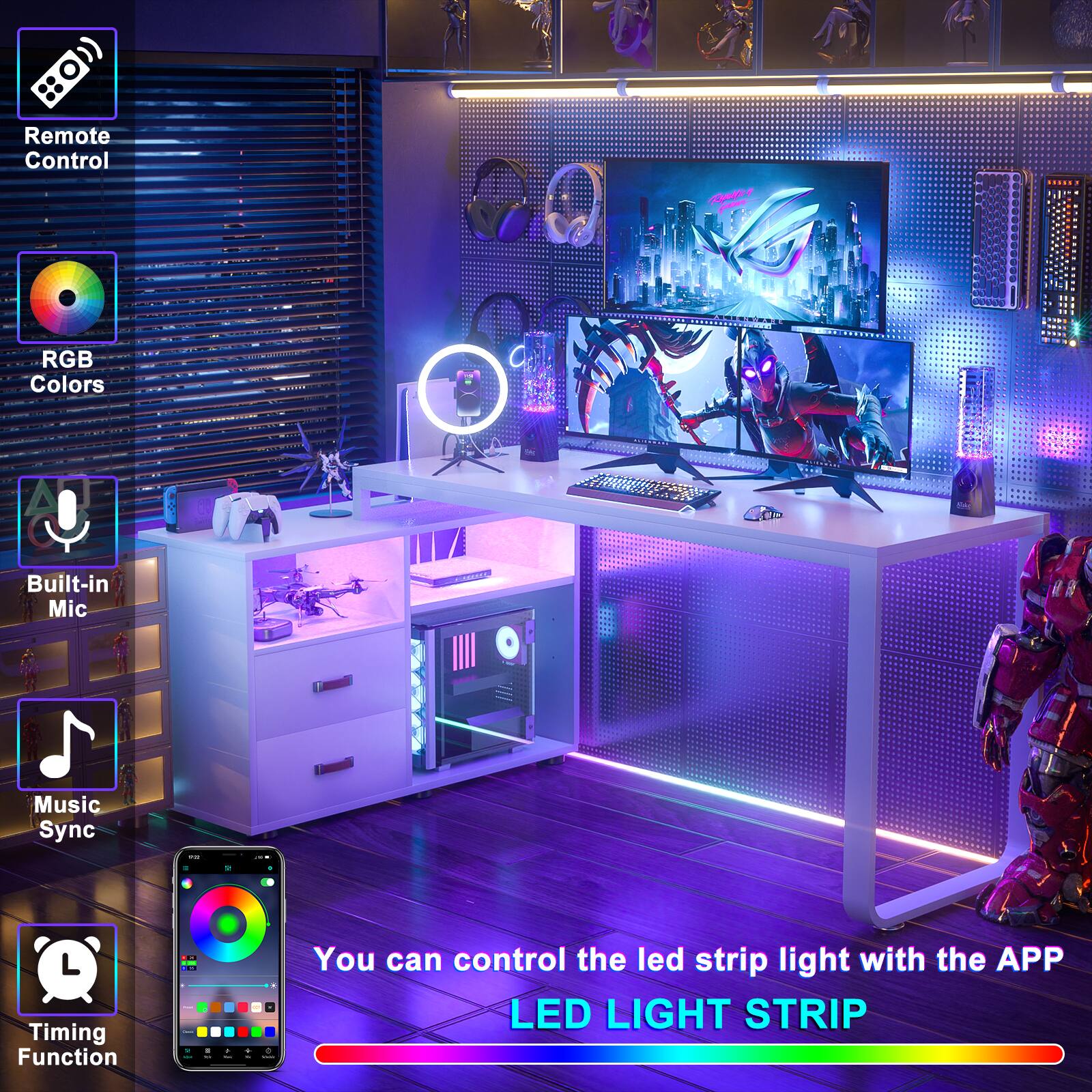 Remote Control  
RGB Colors  
Built-in Mic  
Music Sync  
Timing Function  

You can control the LED strip light with the APP  
LED LIGHT STRIP