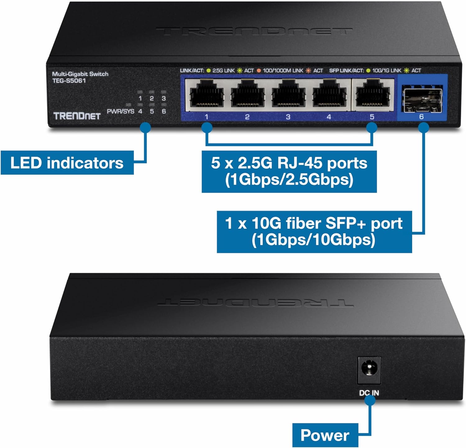 TRENDNET Multi-Gigabit Switch TEG-S50B1

- LED indicators
- 5 x 2.5G RJ-45 ports (1Gbps/2.5Gbps)
- 1 x 10G fiber SFP+ port (1Gbps/10Gbps)
- Power (DC IN)