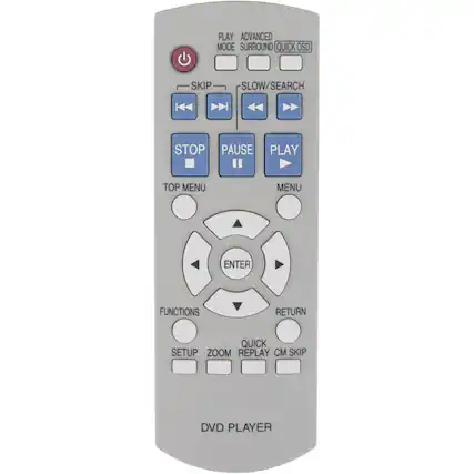 PLAY ADVANCED MODE SURROUND QUICK OSD SKIP SLOW/SEARCH STOP PAUSE PLAY TOP MENU MENU ENTER FUNCTIONS RETURN QUICK SETUP ZOOM REPLAY CM SKIP DVD PLAYER