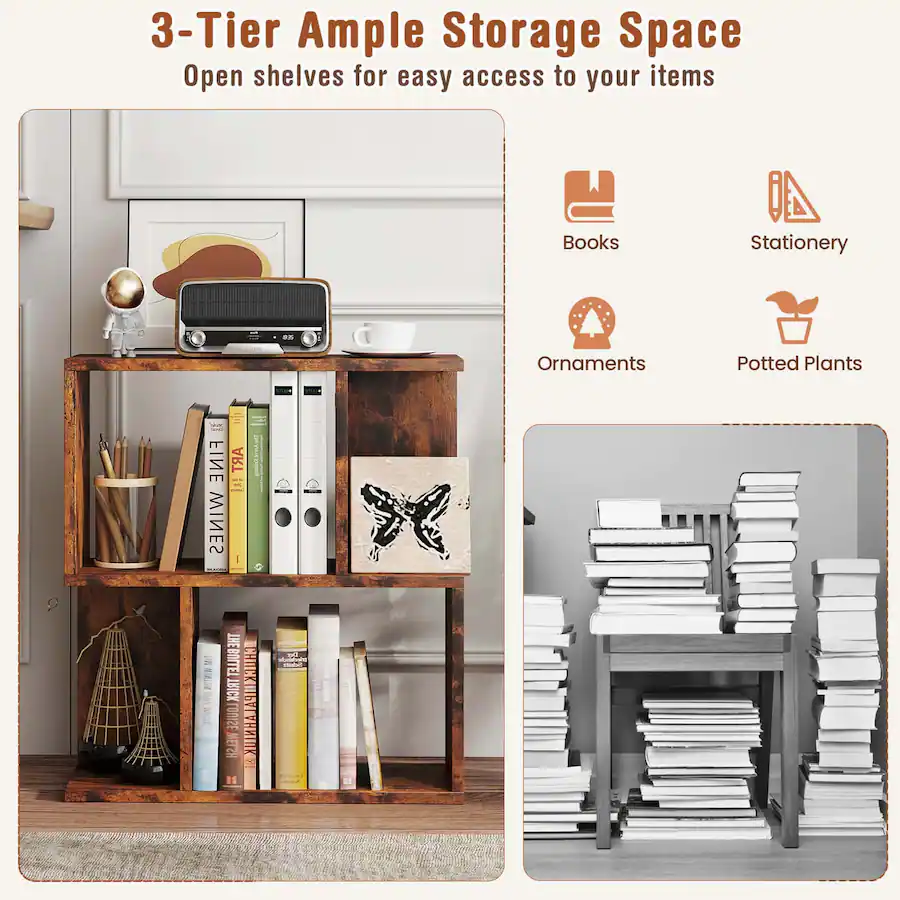 Costway 1 PCS 3 Tier Bookshelf Geometric Bookcase Side Table with Open ...