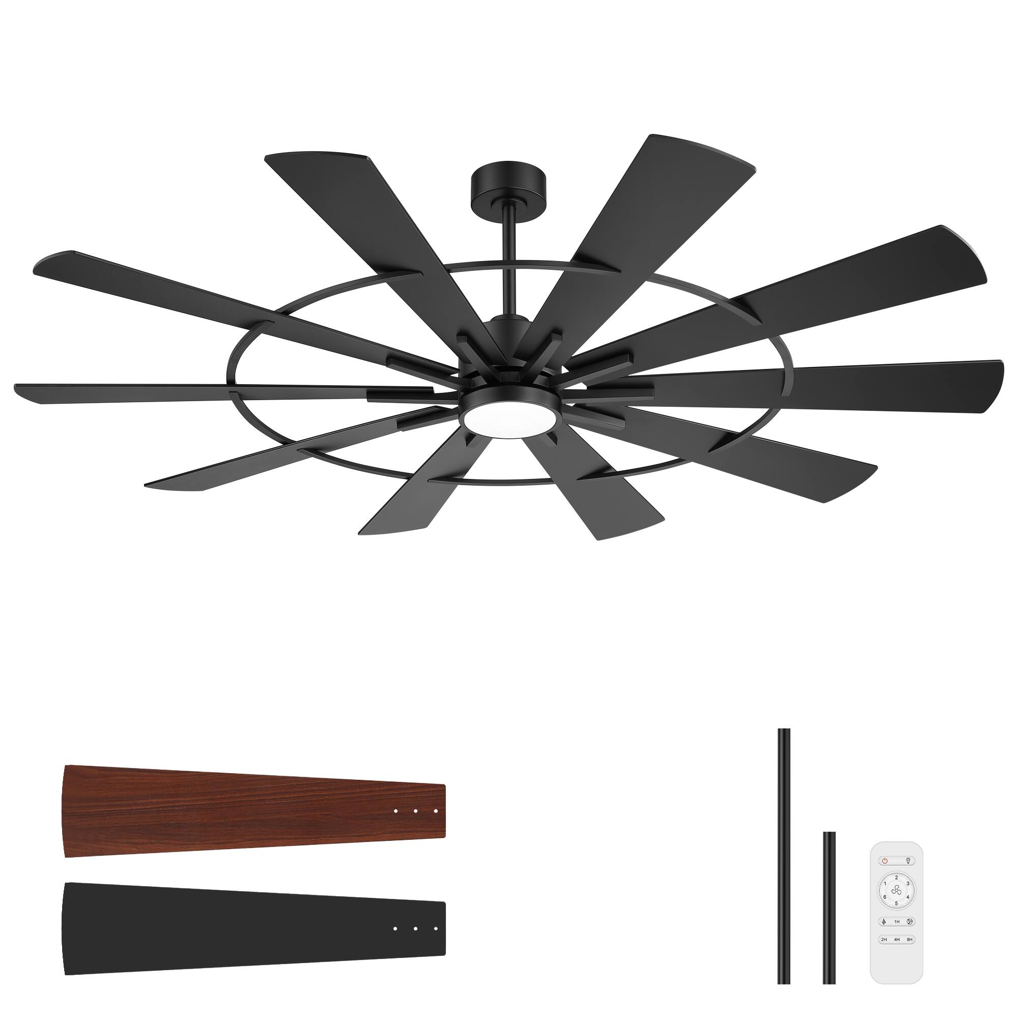 Alt View 10. Breezary - 72-In LED Ceiling Fan with Light, 10 Plywood Blades, 6-Speed DC Motor, Remote, Timer, 3CCT, 6/12-In Downrods - 72-Inch Black.
