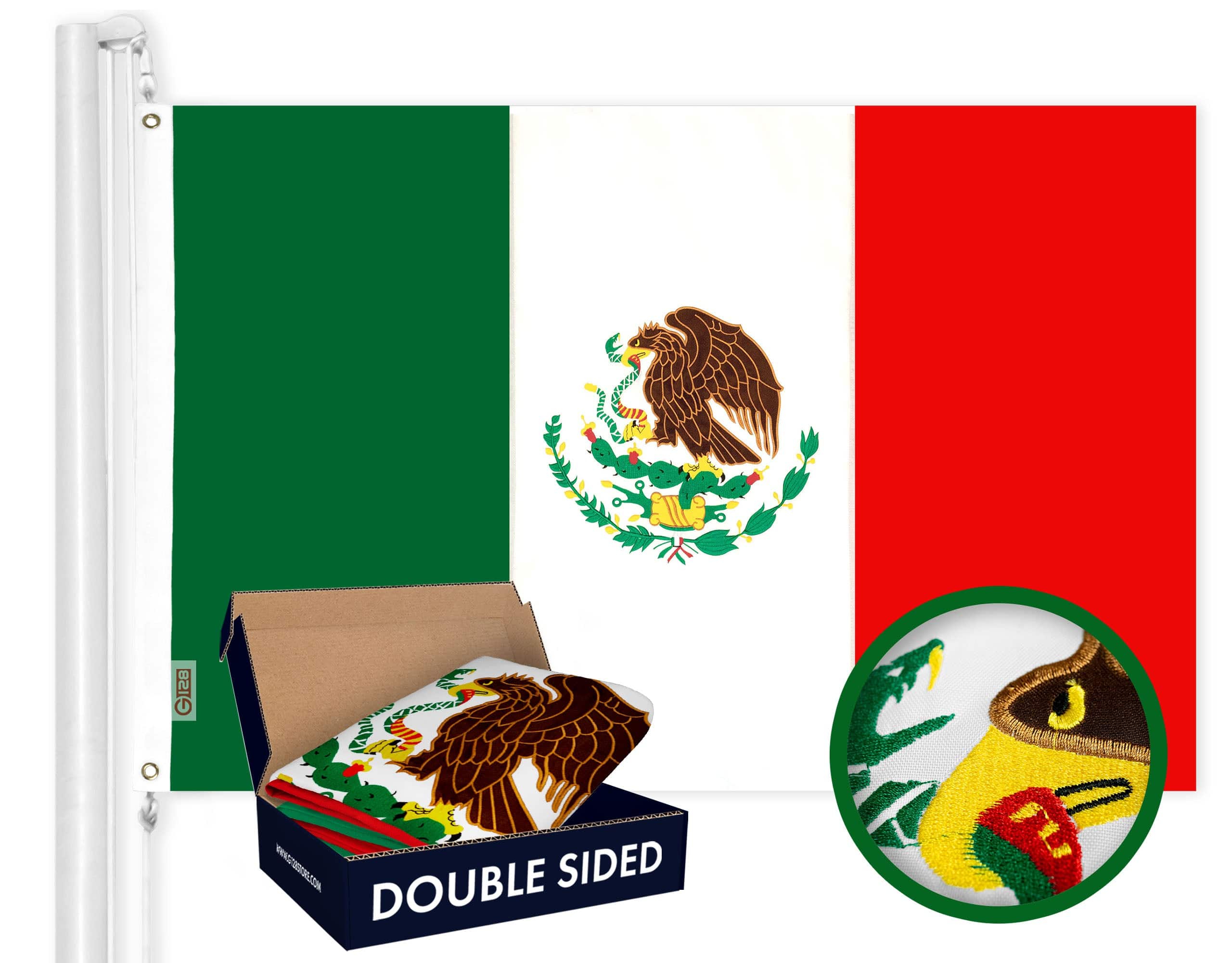 G128 - Mexico (Mexican) Flag 210D Embroidered Polyester 3x5 Ft - Double Sided 2ply - Assorted Colors