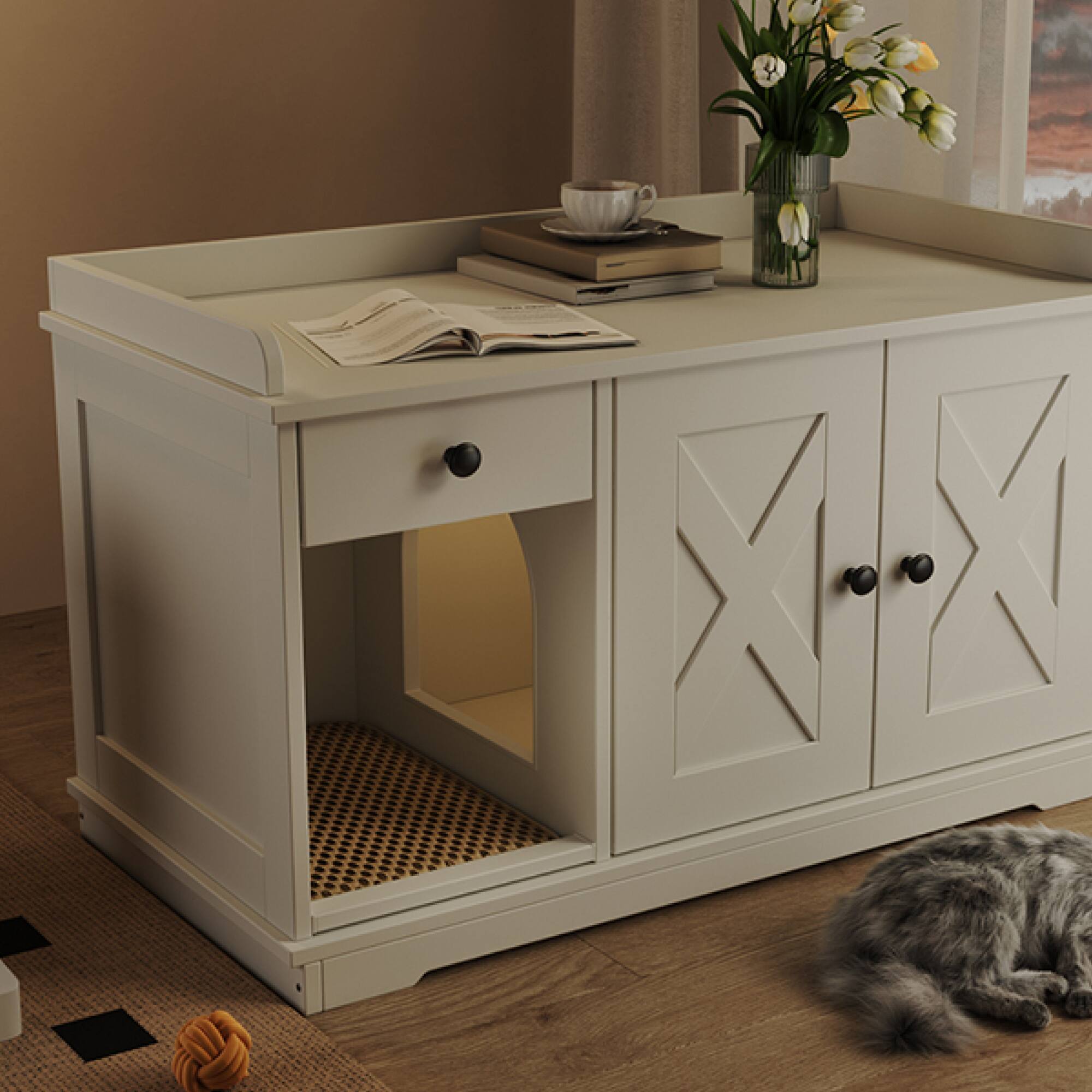 Alt View 4. ELEMENT ACE - Farmhouse Style Cat Litter Box Enclosure Furniture with Storage Drawer and Built-in Mat for Indoor Use - White.