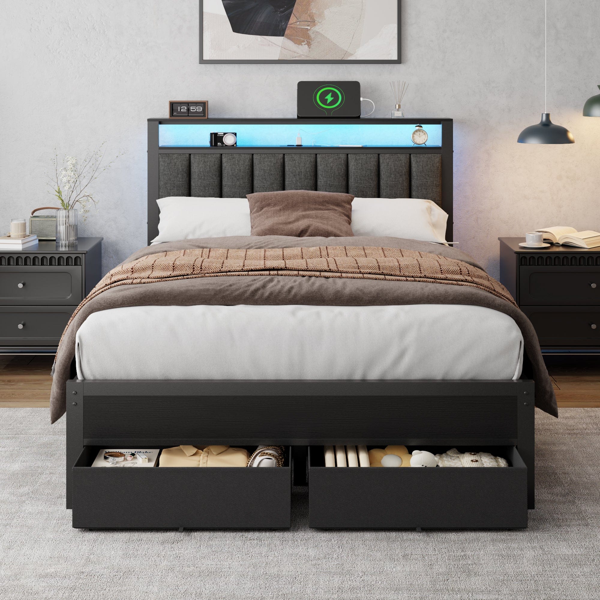 Furnulem - Upholstered Bed Frame with 2 Storage Drawers Modern Platform Bed with Charging Station & LED Light - Black