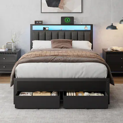 Front. Furnulem - Upholstered Bed Frame with 2 Storage Drawers Modern Platform Bed with Charging Station & LED Light - Black.