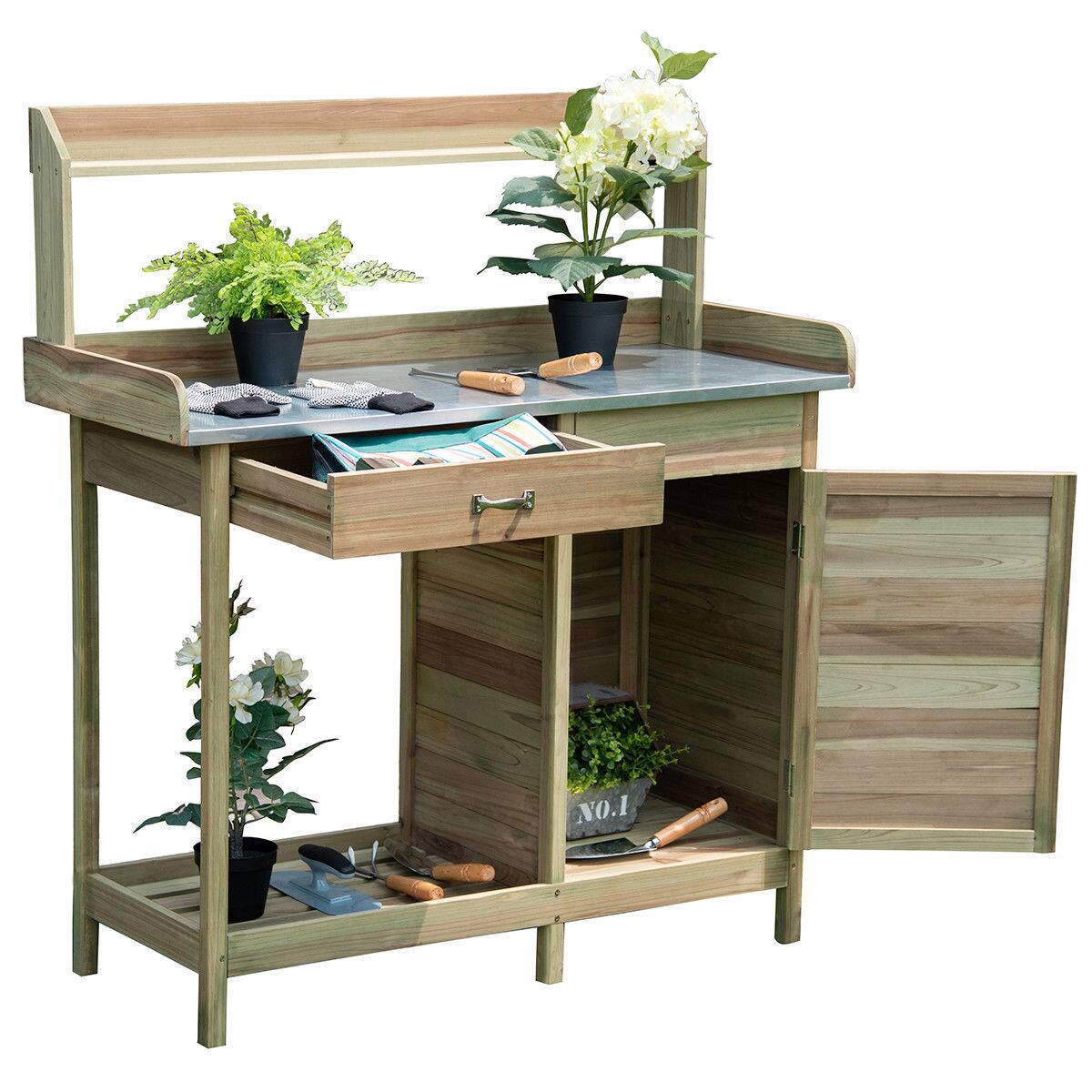 Alt View 5. Costway - Outdoor Potting Bench Garden Wooden Work Station Metal Tabletop Cabinet Drawer - Natural.